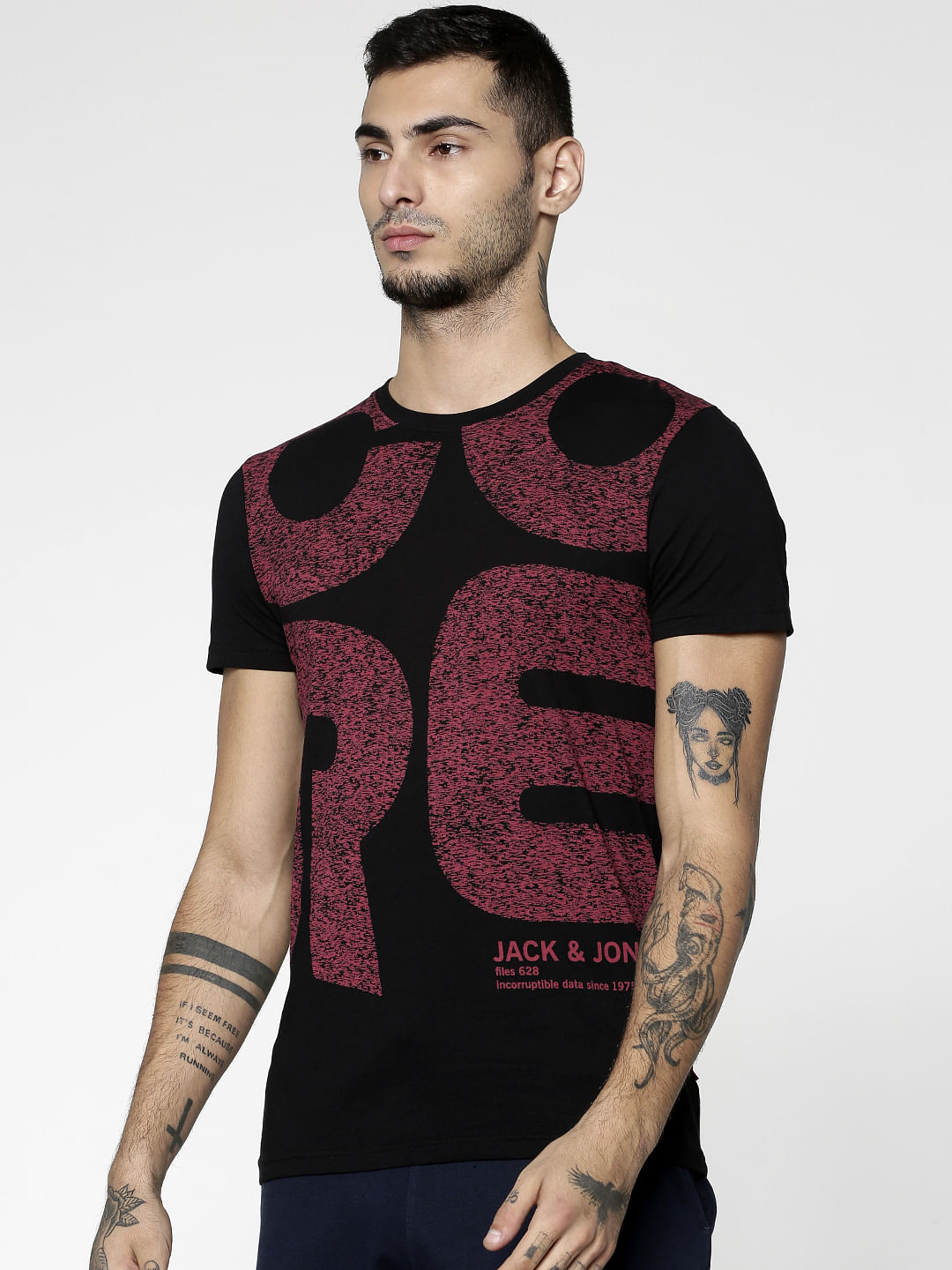 Black Text Print Slim Fit Crew Neck T-Shirt
