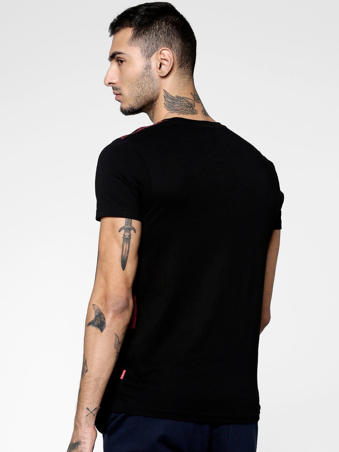 Black Text Print Slim Fit Crew Neck T-Shirt