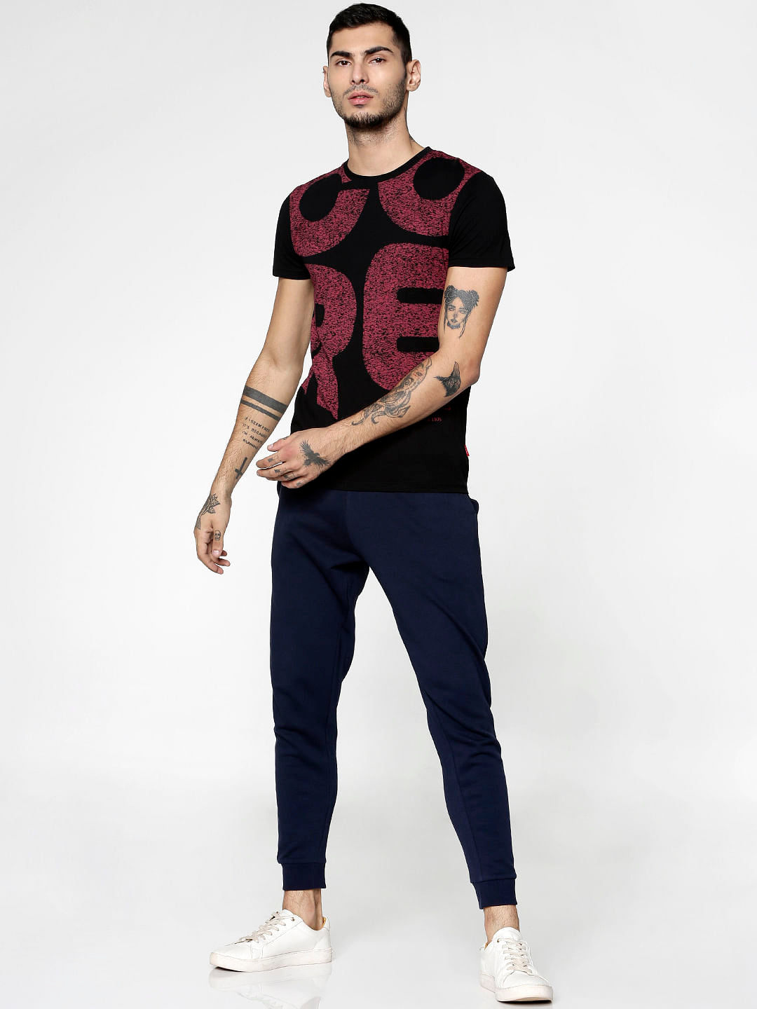 Black Text Print Slim Fit Crew Neck T-Shirt