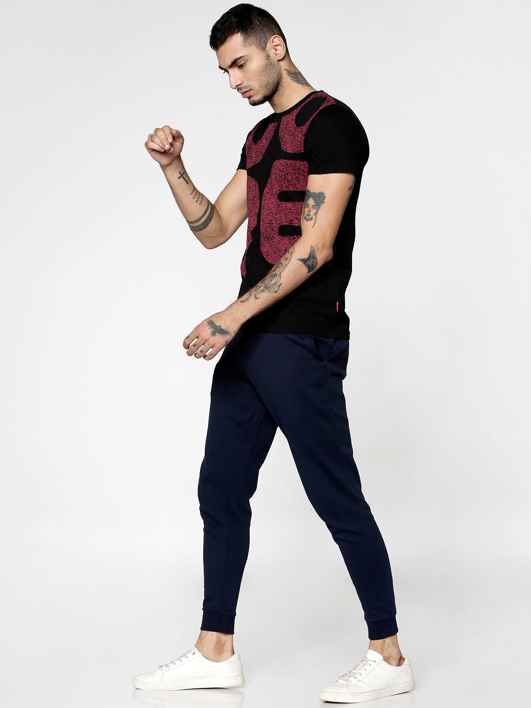Black Text Print Slim Fit Crew Neck T-Shirt