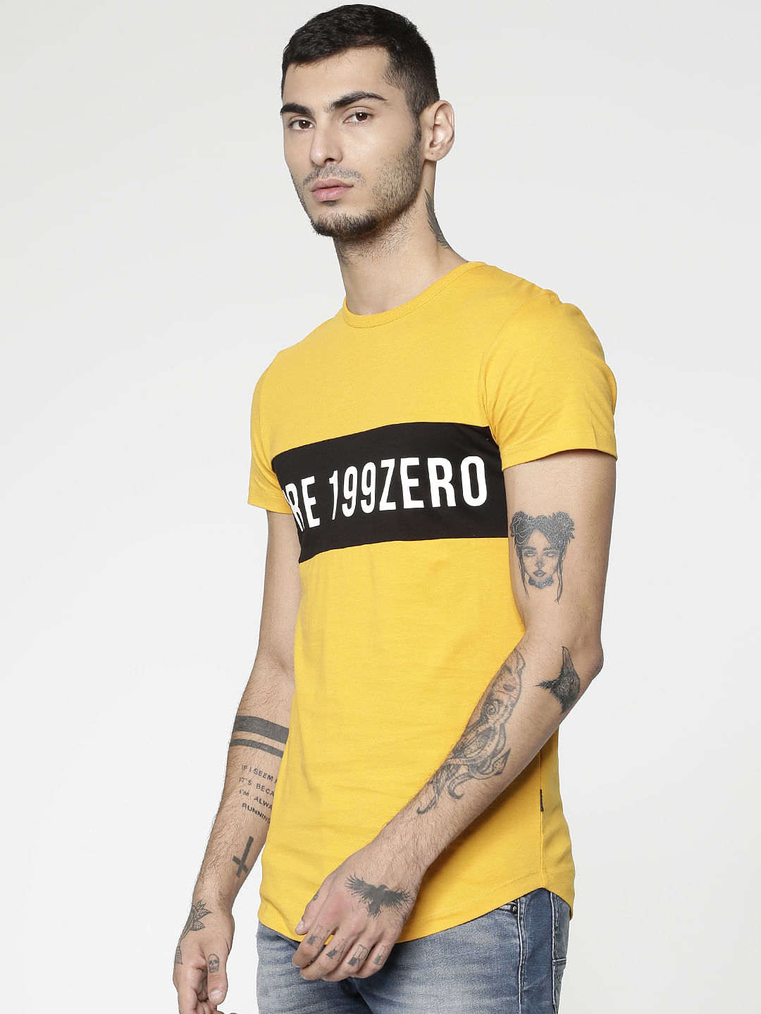 Yellow Colour Blocked Slim Fit Crew Neck T-Shirt