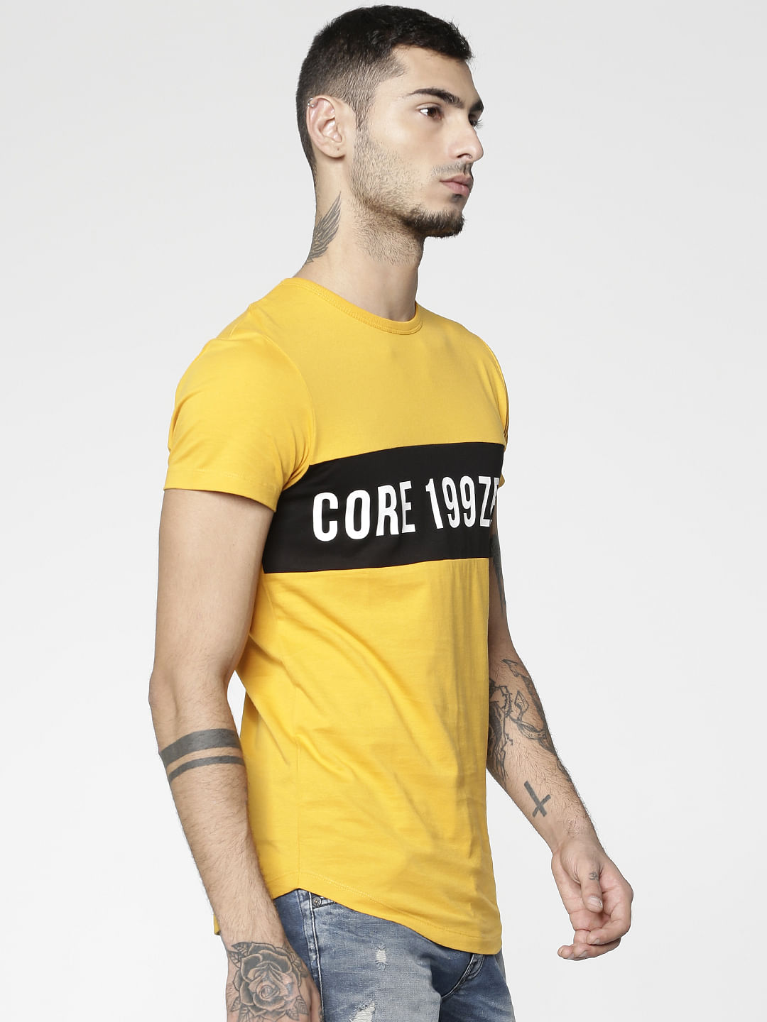 Yellow Colour Blocked Slim Fit Crew Neck T-Shirt