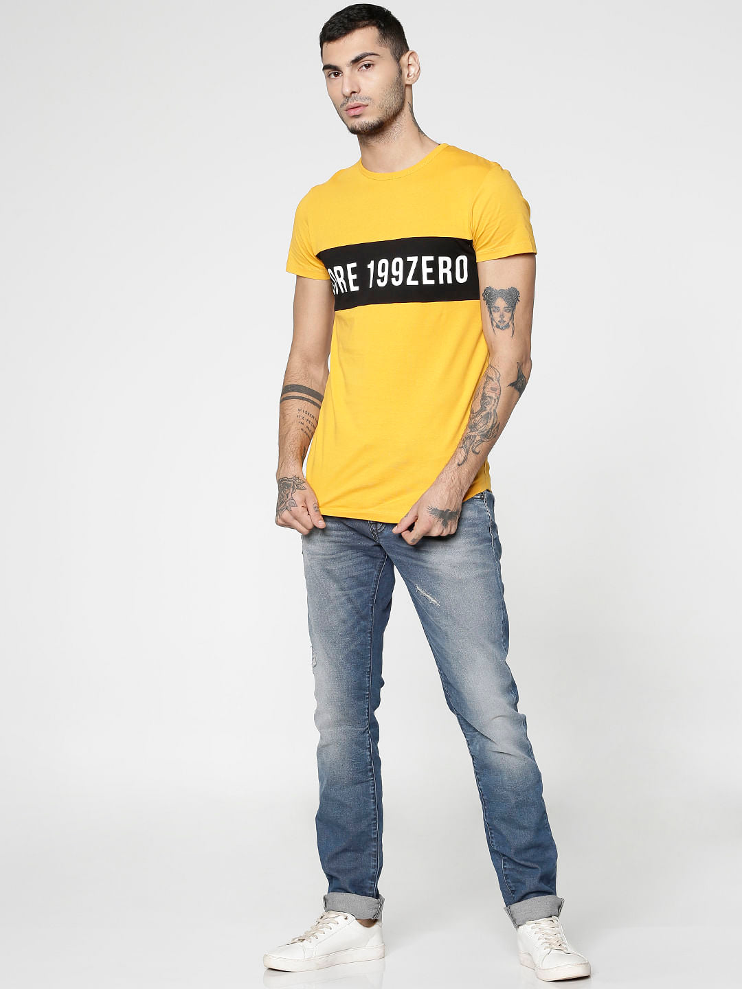 Yellow Colour Blocked Slim Fit Crew Neck T-Shirt