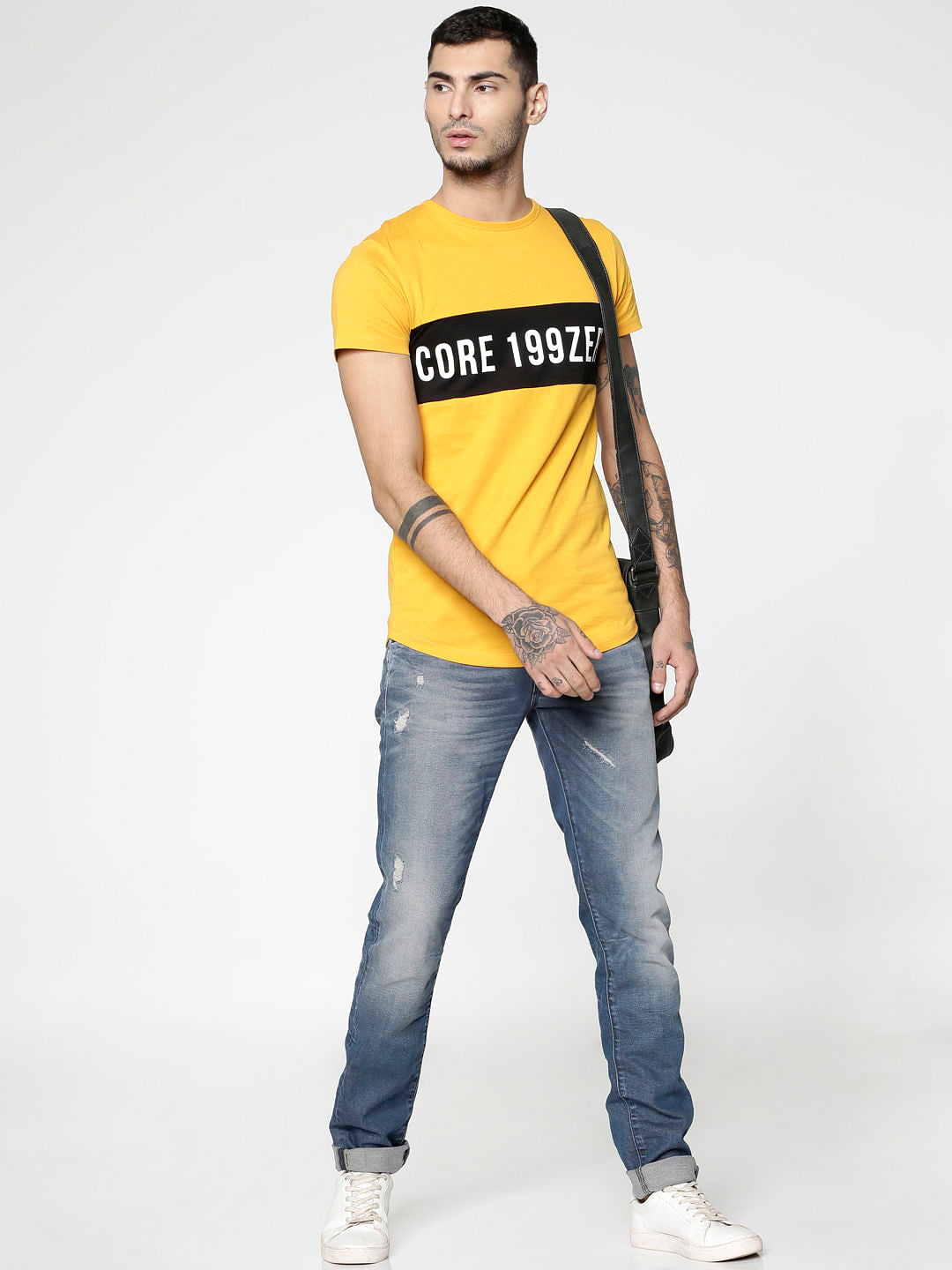 Yellow Colour Blocked Slim Fit Crew Neck T-Shirt