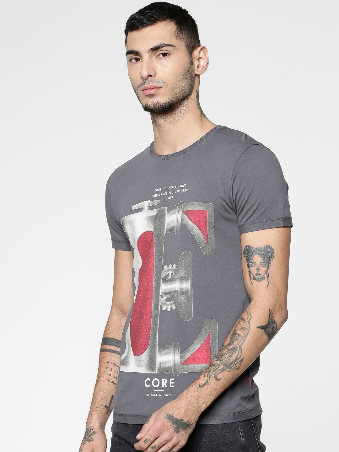 Grey Graphic Print Slim Fit Crew Neck T-Shirt