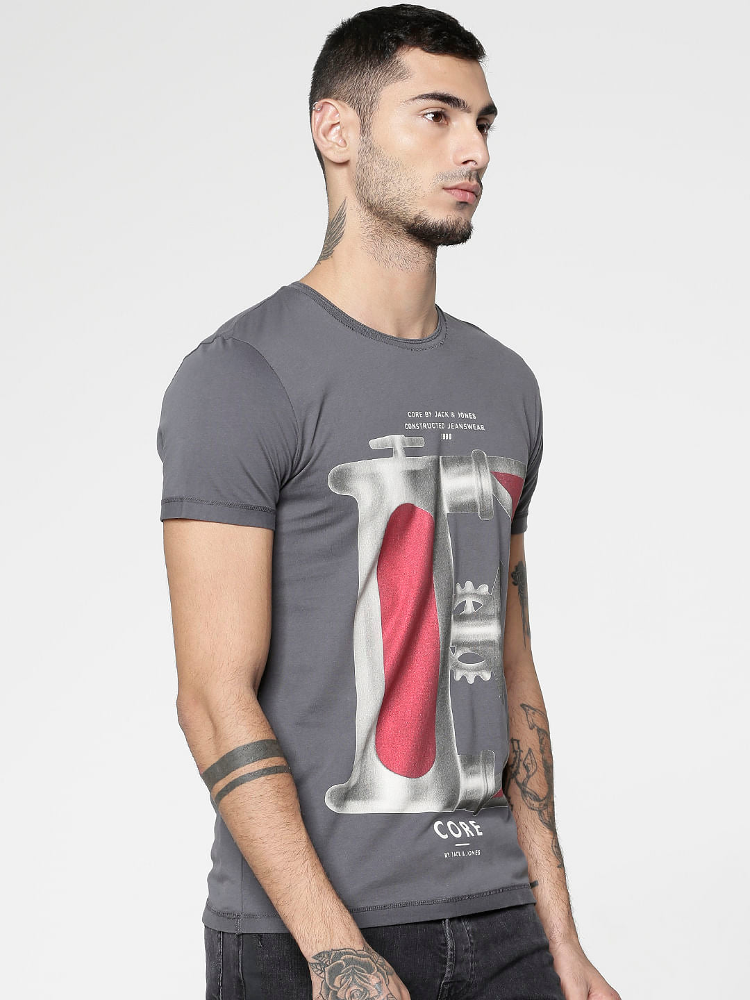 Grey Graphic Print Slim Fit Crew Neck T-Shirt