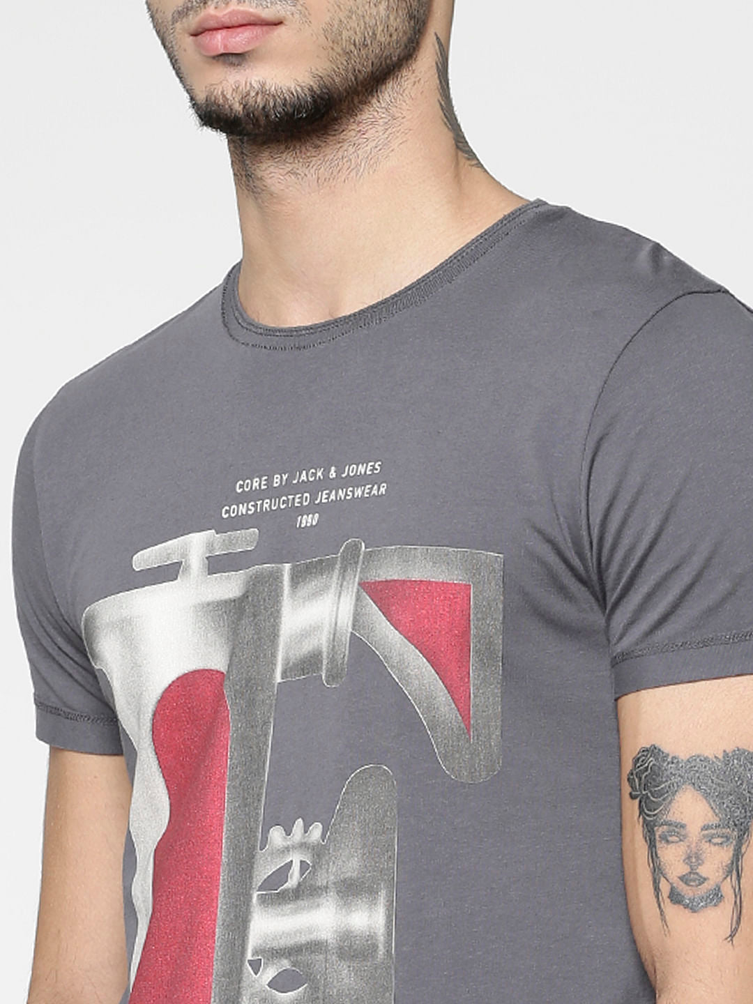 Grey Graphic Print Slim Fit Crew Neck T-Shirt