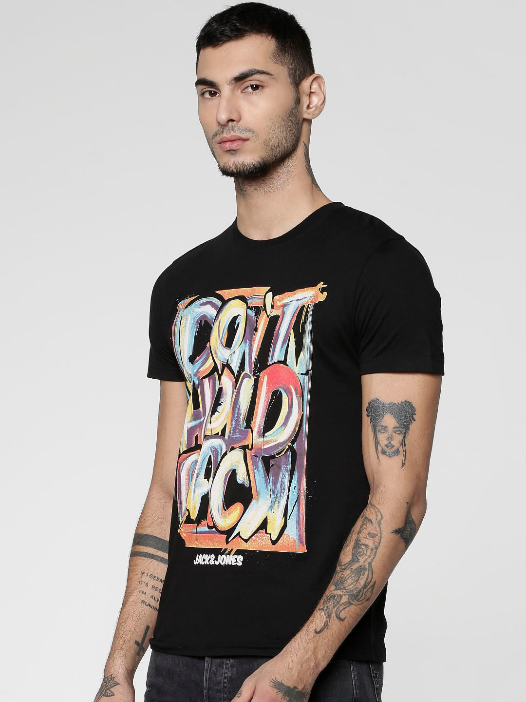 Black Text Print Slim Fit Crew Neck T-Shirt