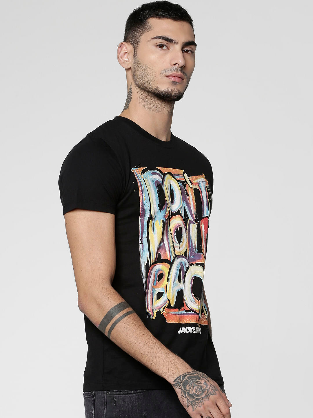 Black Text Print Slim Fit Crew Neck T-Shirt
