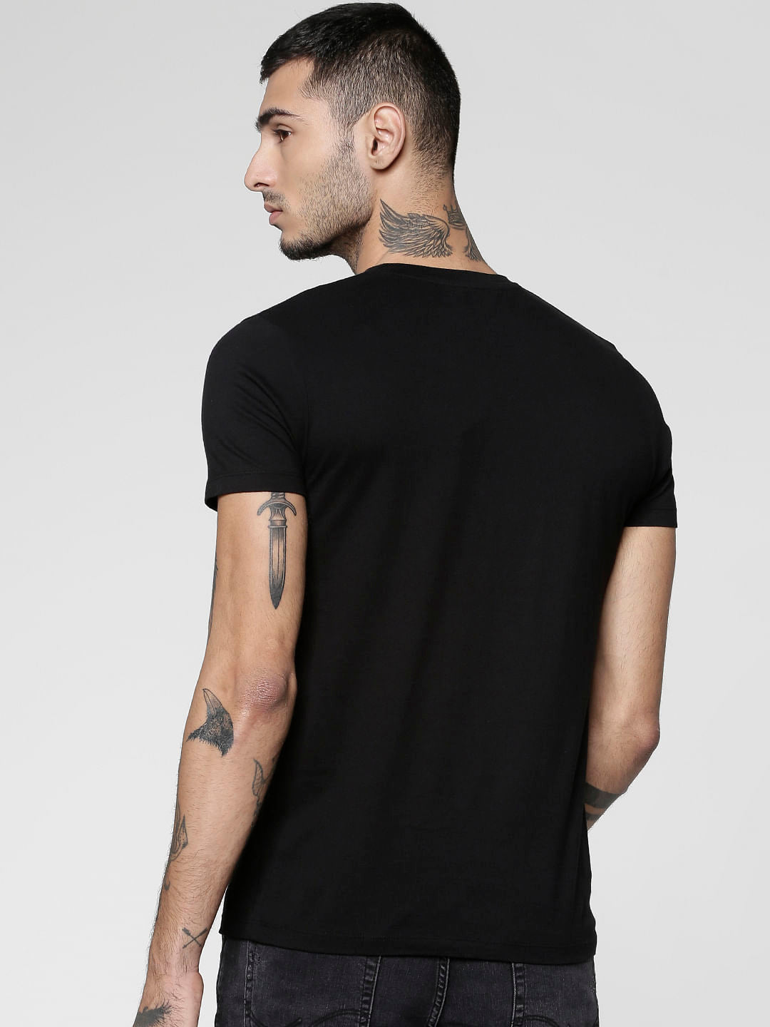 Black Text Print Slim Fit Crew Neck T-Shirt