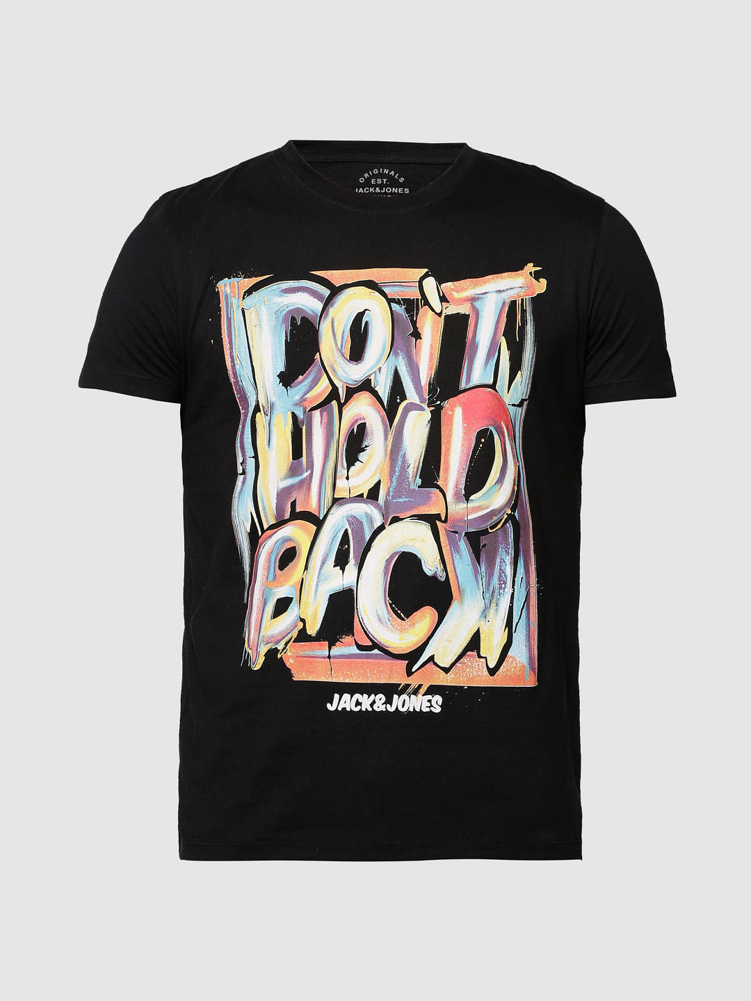 Black Text Print Slim Fit Crew Neck T-Shirt