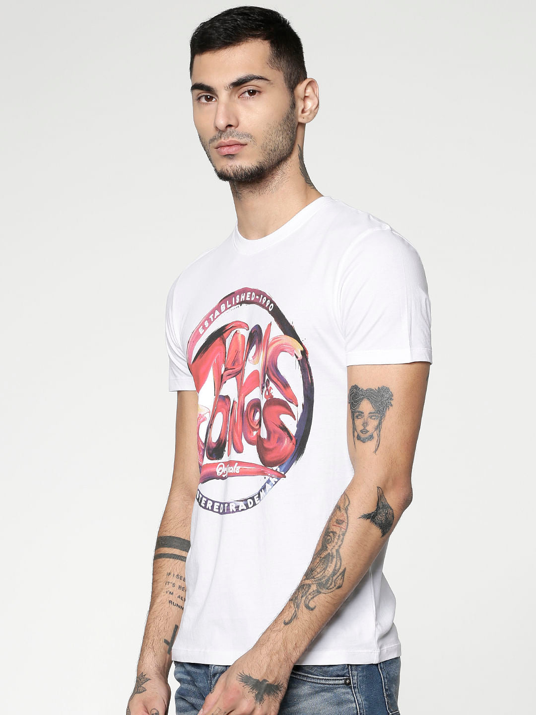 White Logo Print Slim Fit Crew Neck T-Shirt - S