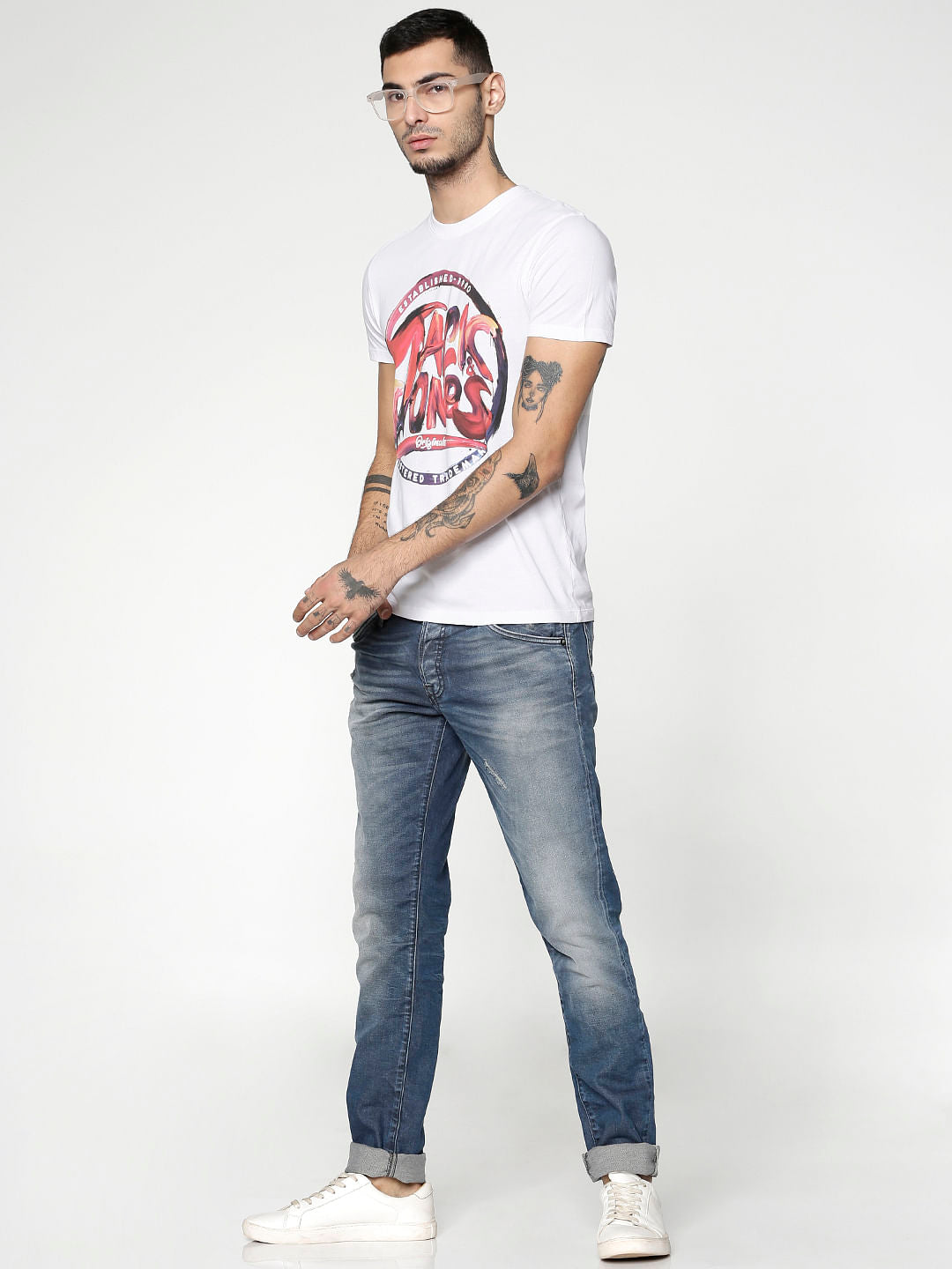 White Logo Print Slim Fit Crew Neck T-Shirt