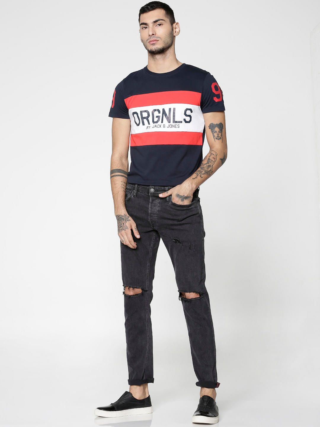 Blue Logo Print Slim Fit Crew Neck T-Shirt