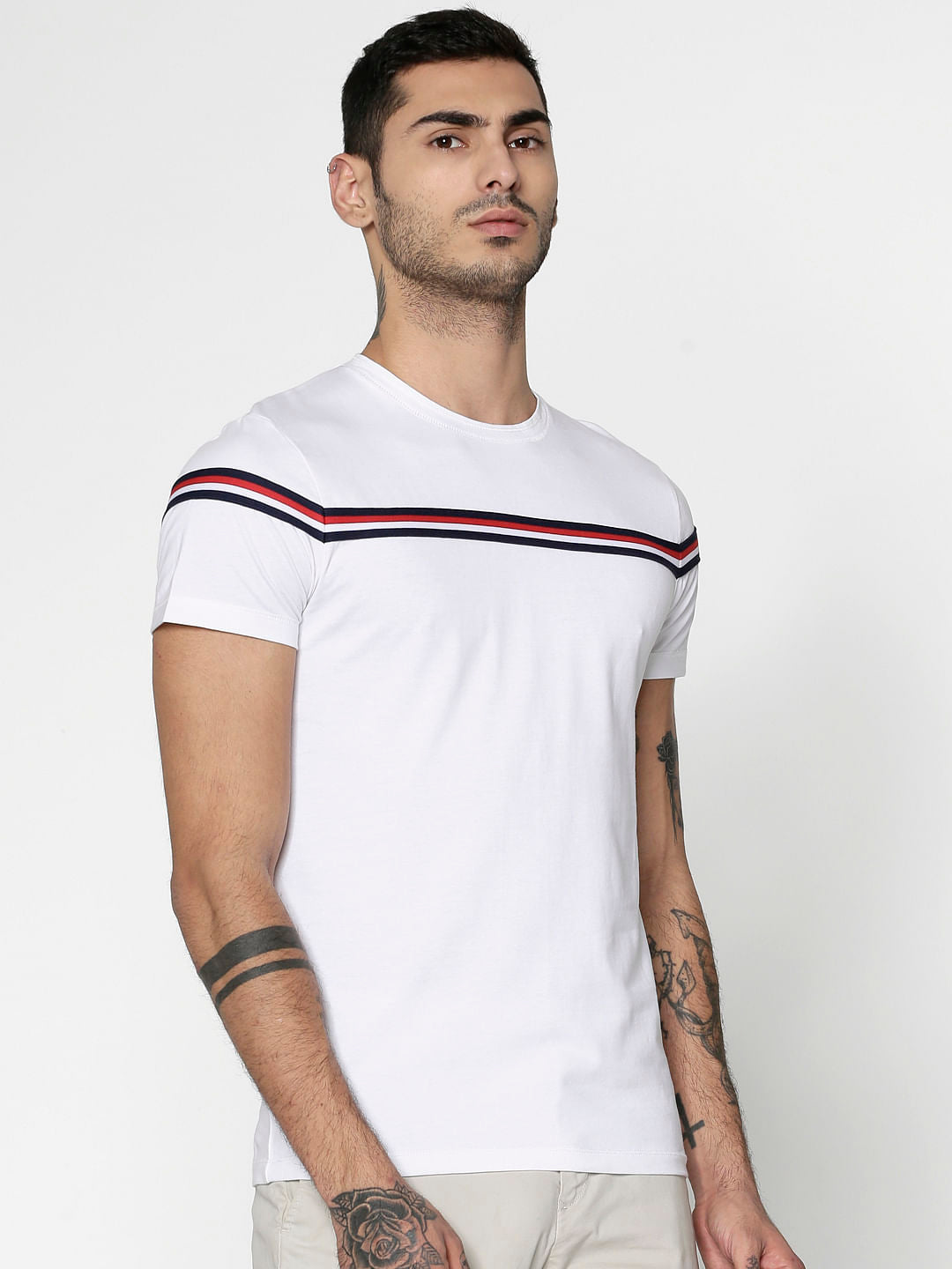 White Striped Patch Work Crew Neck T-Shirt