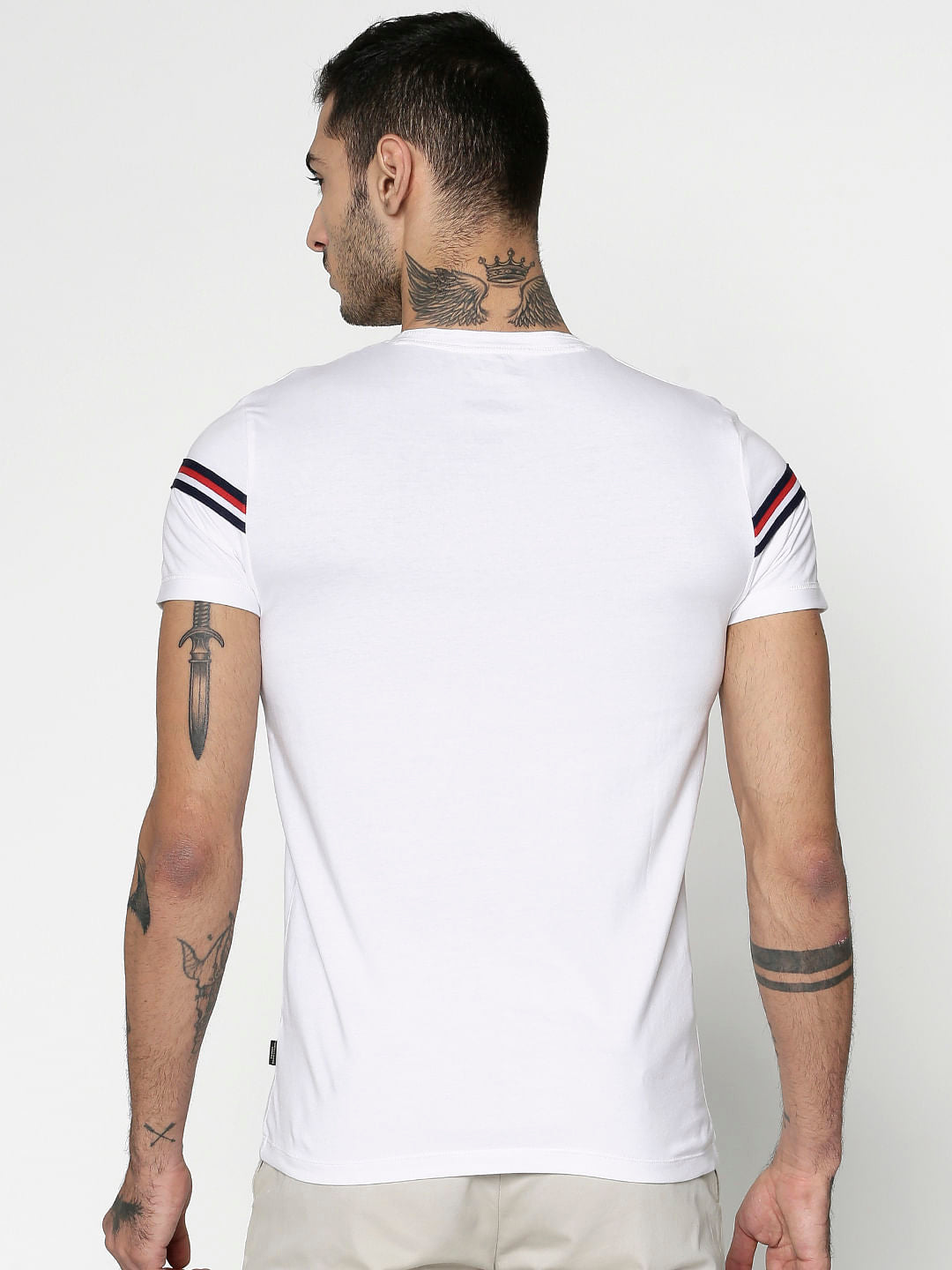 White Striped Patch Work Crew Neck T-Shirt