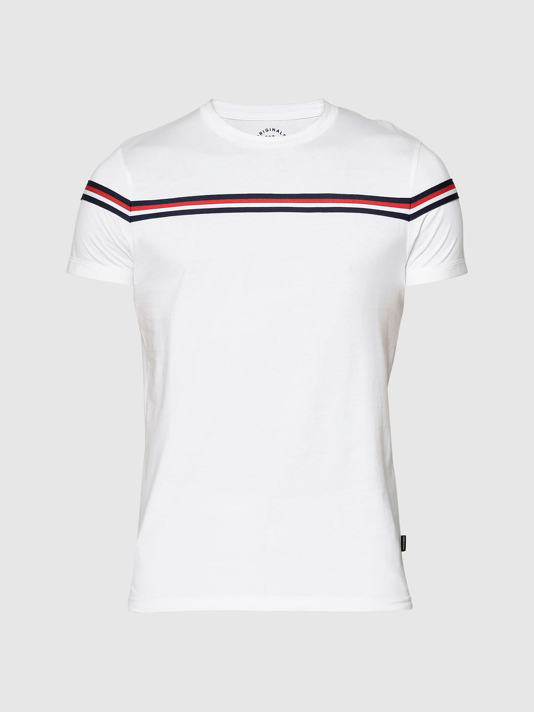 White Striped Patch Work Crew Neck T-Shirt