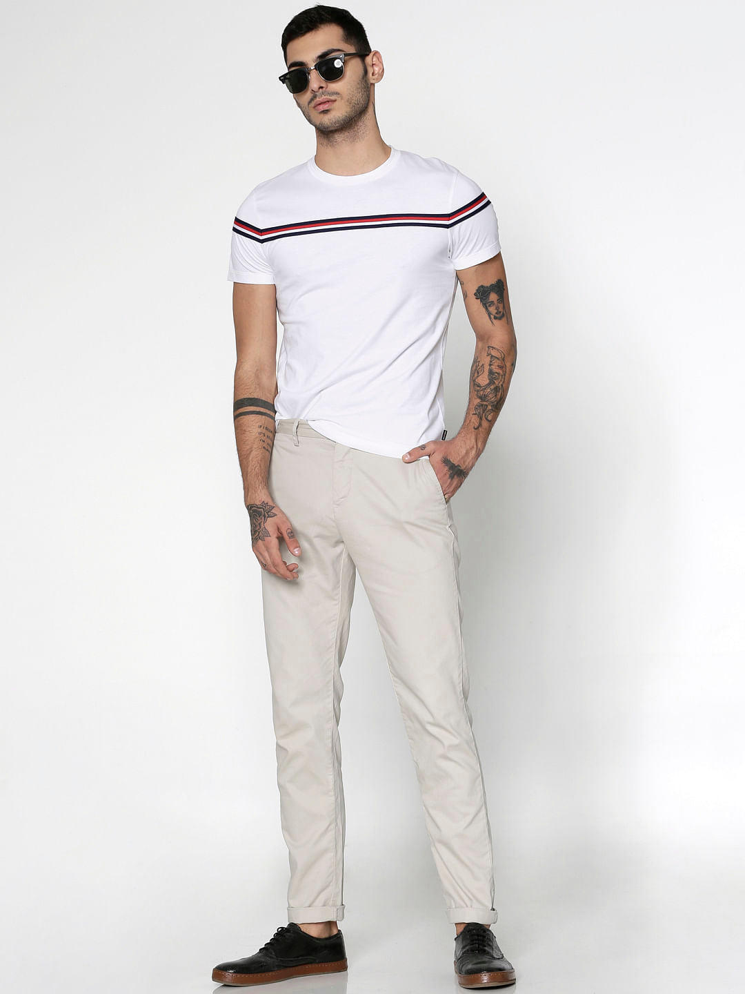 White Striped Patch Work Crew Neck T-Shirt