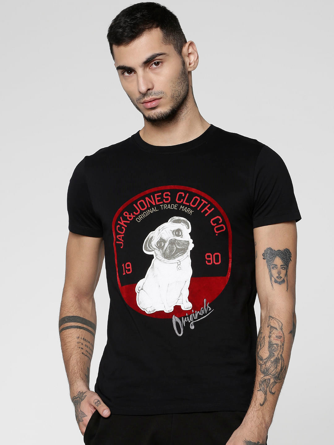 Black Graphic Print Slim Fit Crew Neck T-Shirt