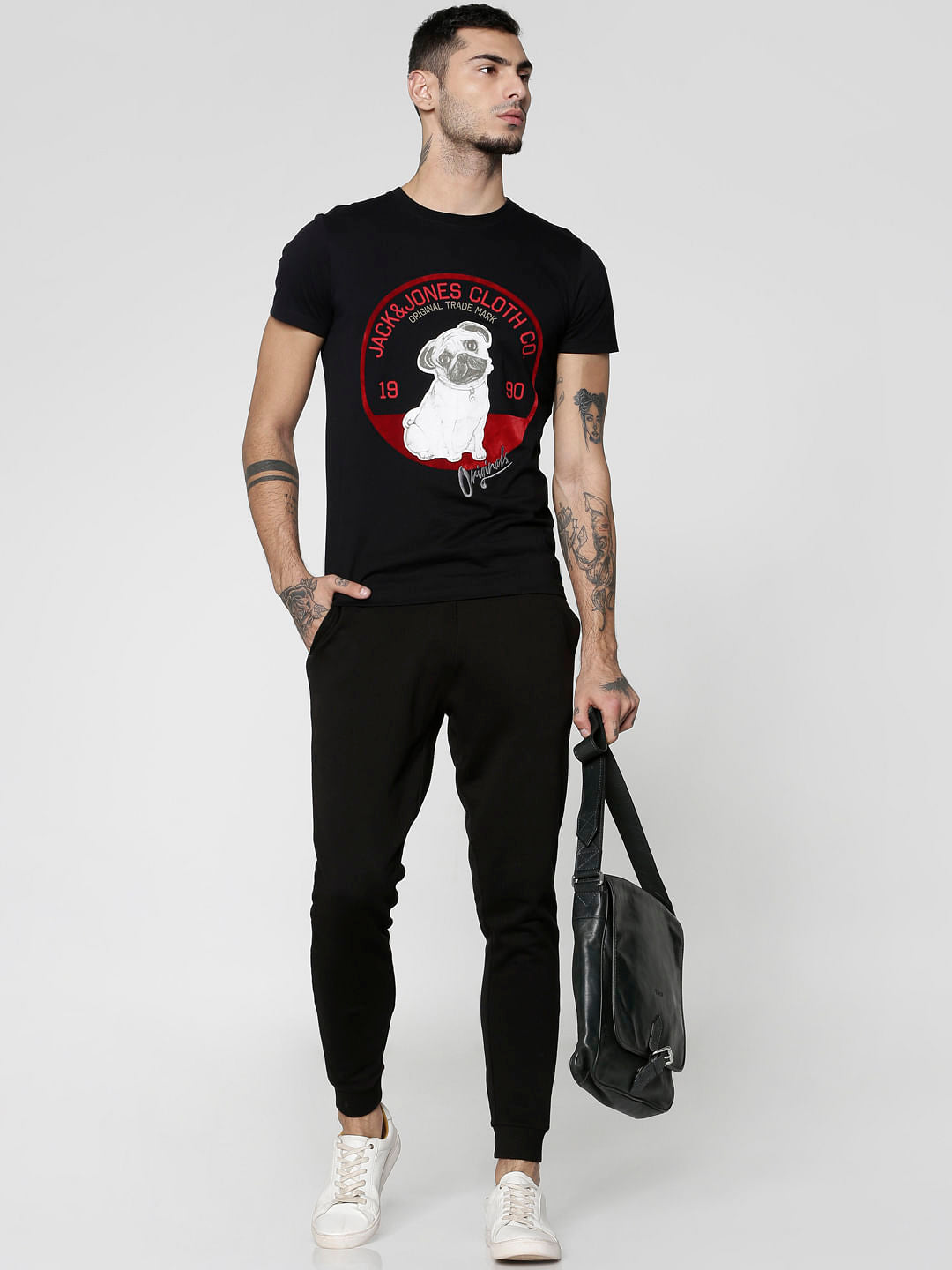 Black Graphic Print Slim Fit Crew Neck T-Shirt