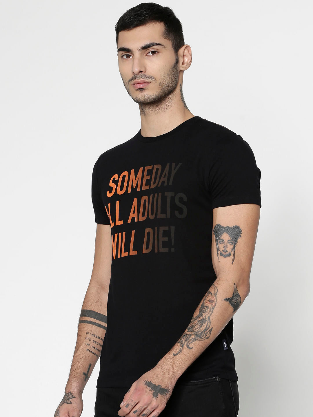 Black Text Print Slim Fit Crew Neck T-Shirt