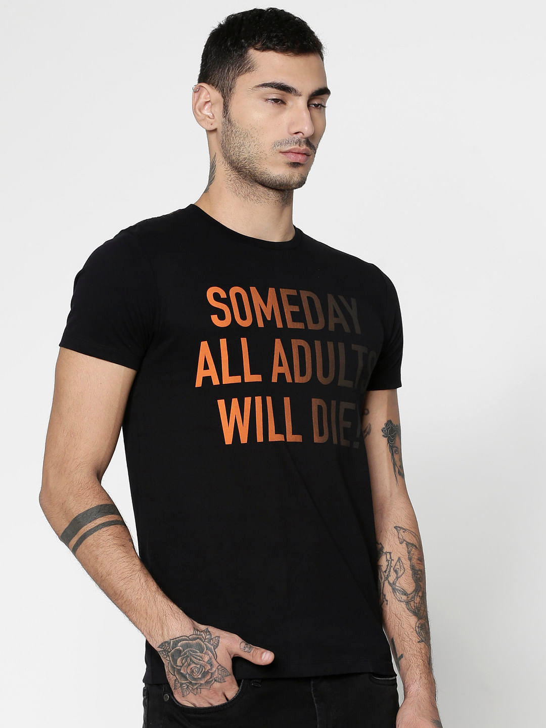 Black Text Print Slim Fit Crew Neck T-Shirt