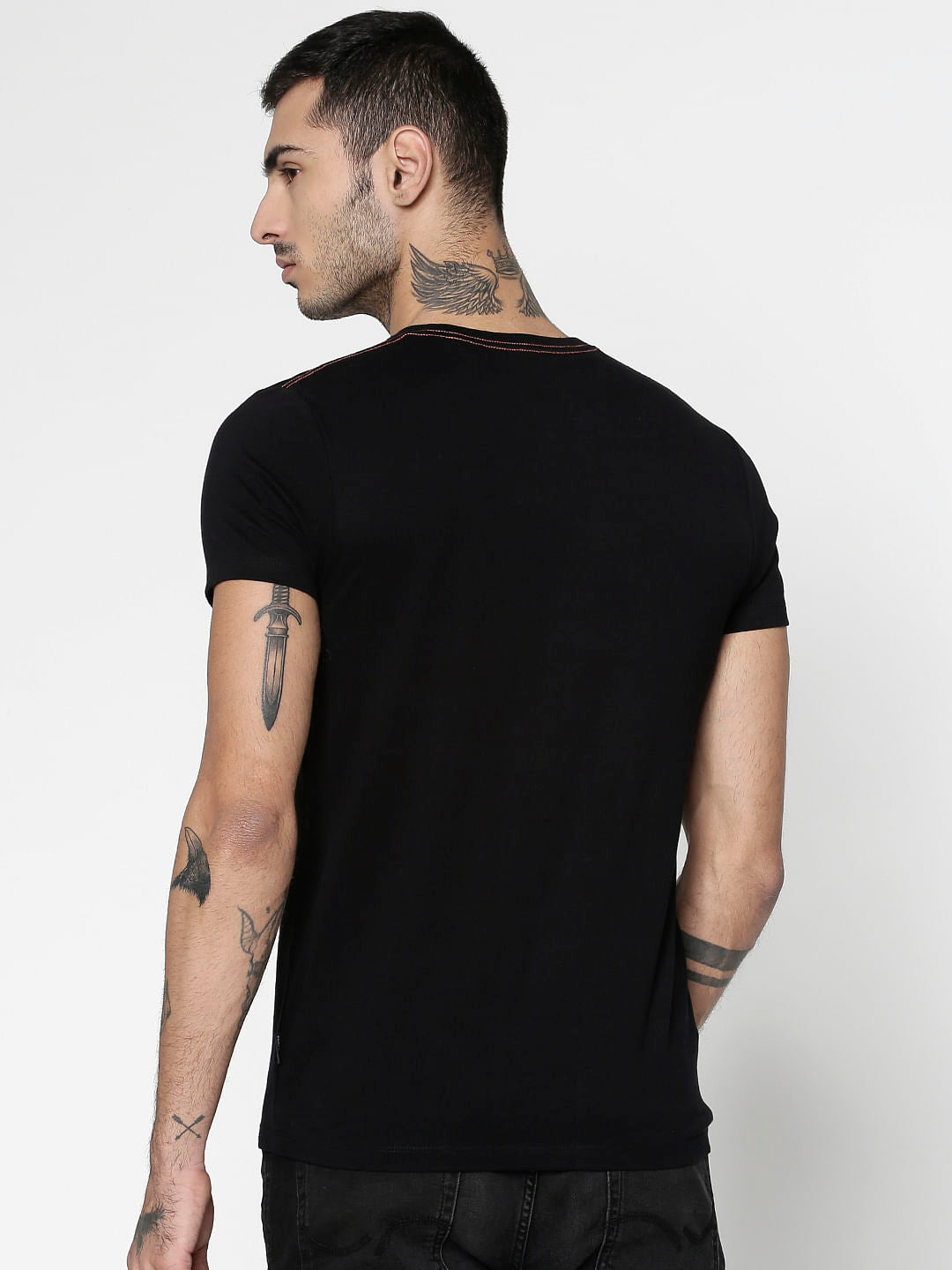 Black Text Print Slim Fit Crew Neck T-Shirt