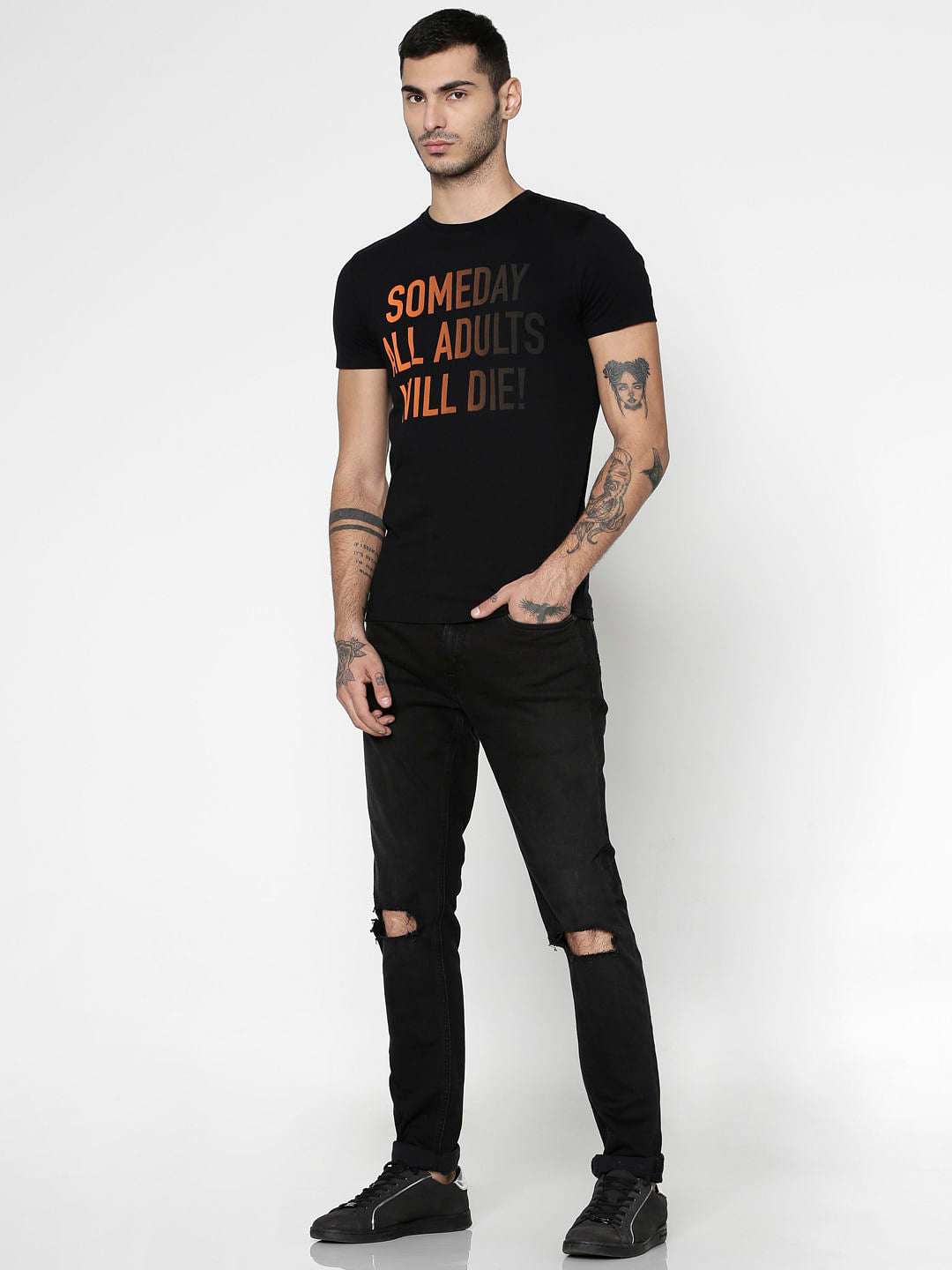 Black Text Print Slim Fit Crew Neck T-Shirt