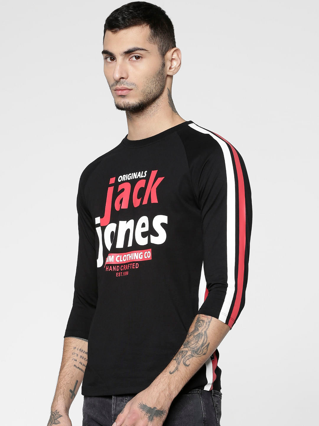 Black Text Print Slim Fit Crew Neck T-Shirt - S