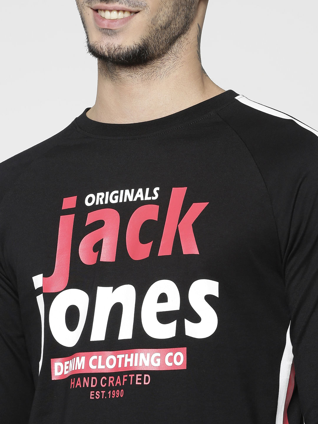 Black Text Print Slim Fit Crew Neck T-Shirt