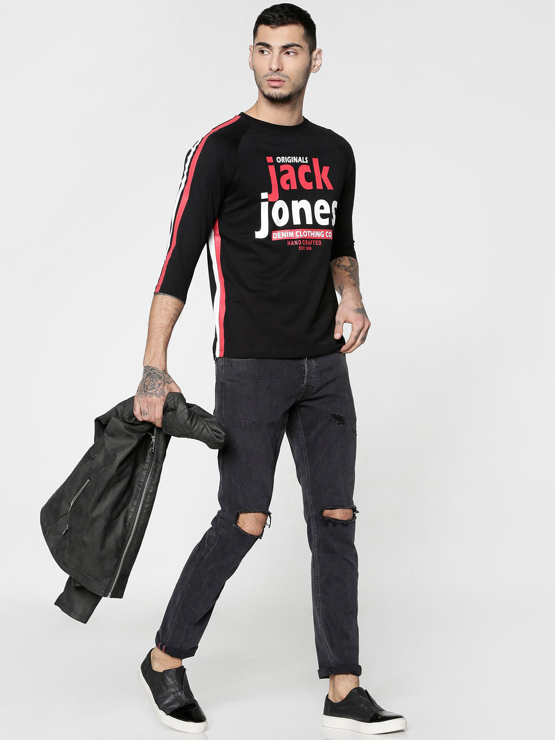 Black Text Print Slim Fit Crew Neck T-Shirt
