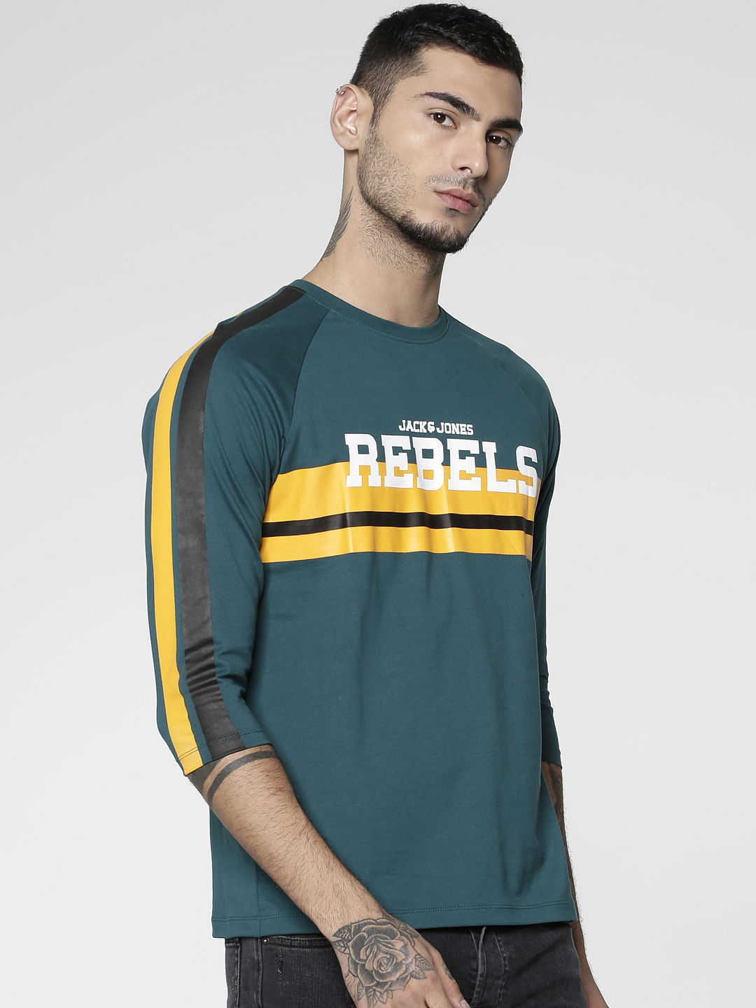 Green Text Print Slim Fit Crew Neck T-Shirt