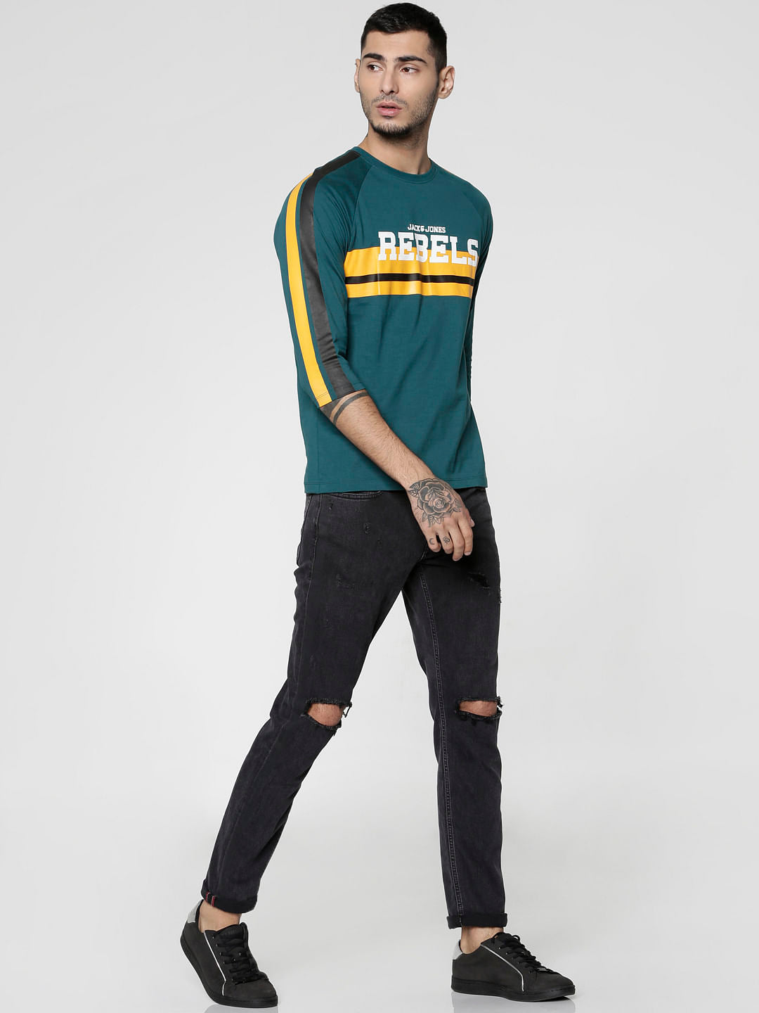 Green Text Print Slim Fit Crew Neck T-Shirt