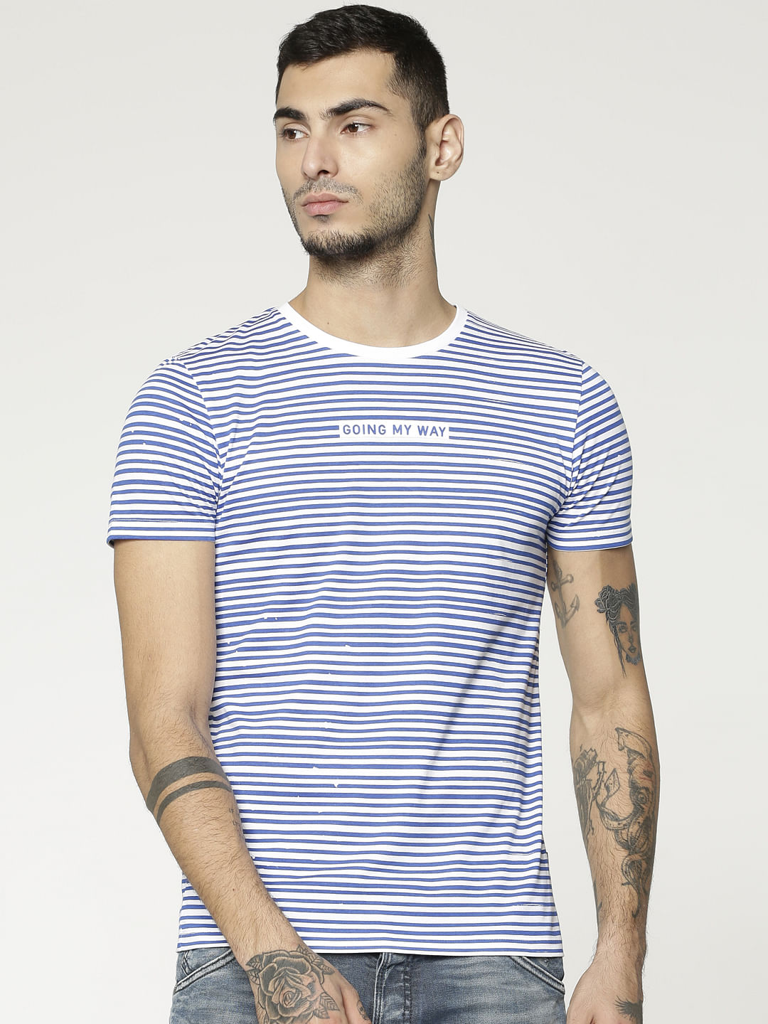 Blue Striped Slim Fit Crew Neck T-Shirt
