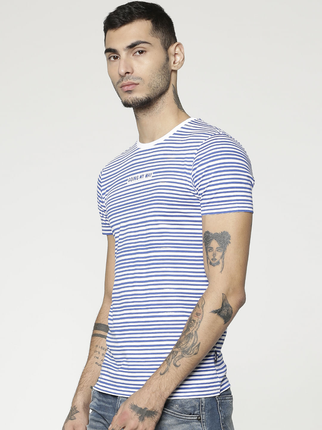 Blue Striped Slim Fit Crew Neck T-Shirt