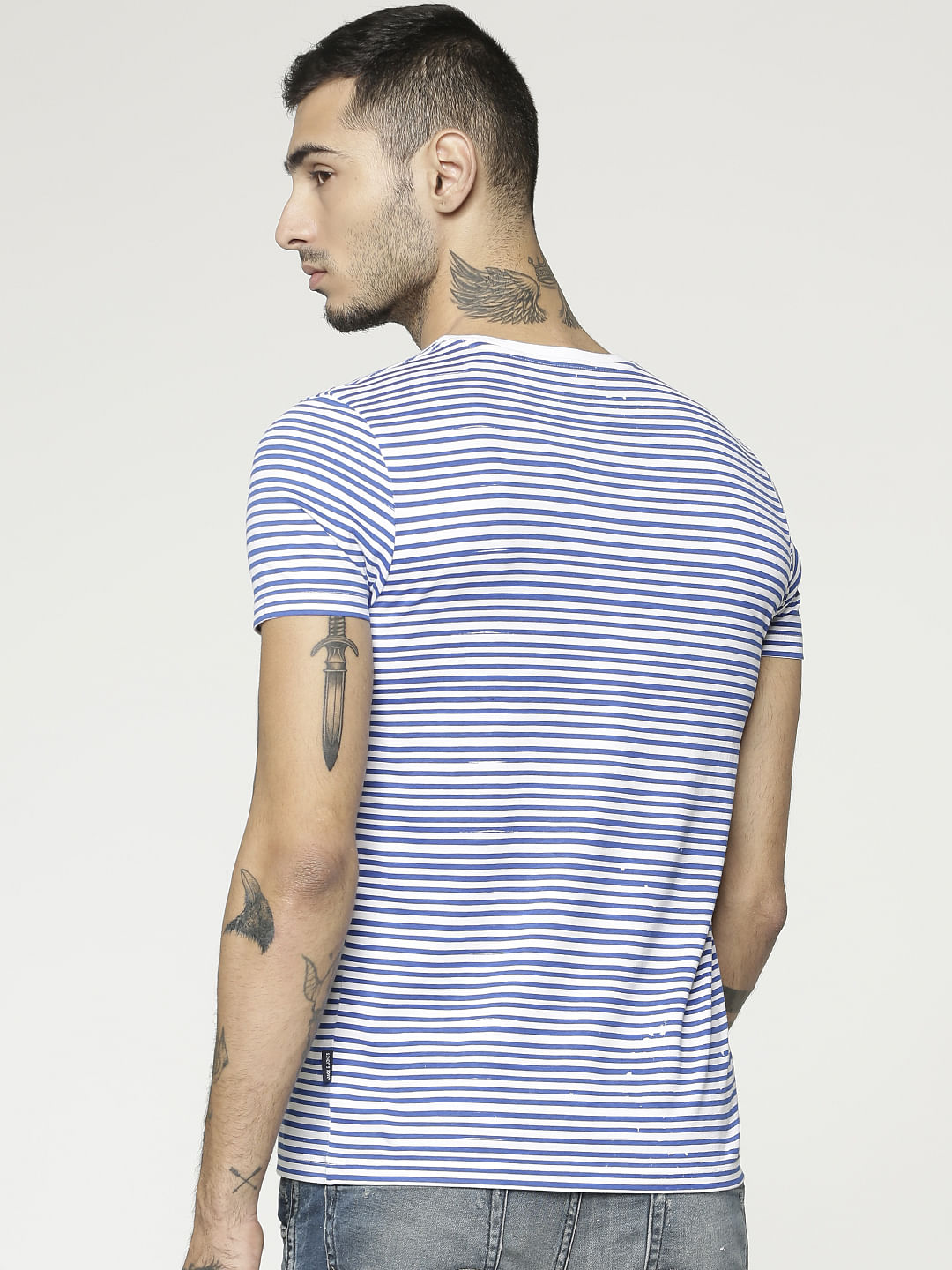 Blue Striped Slim Fit Crew Neck T-Shirt