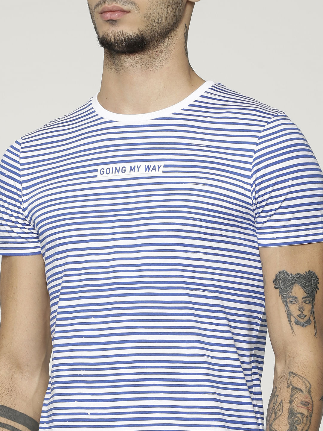 Blue Striped Slim Fit Crew Neck T-Shirt