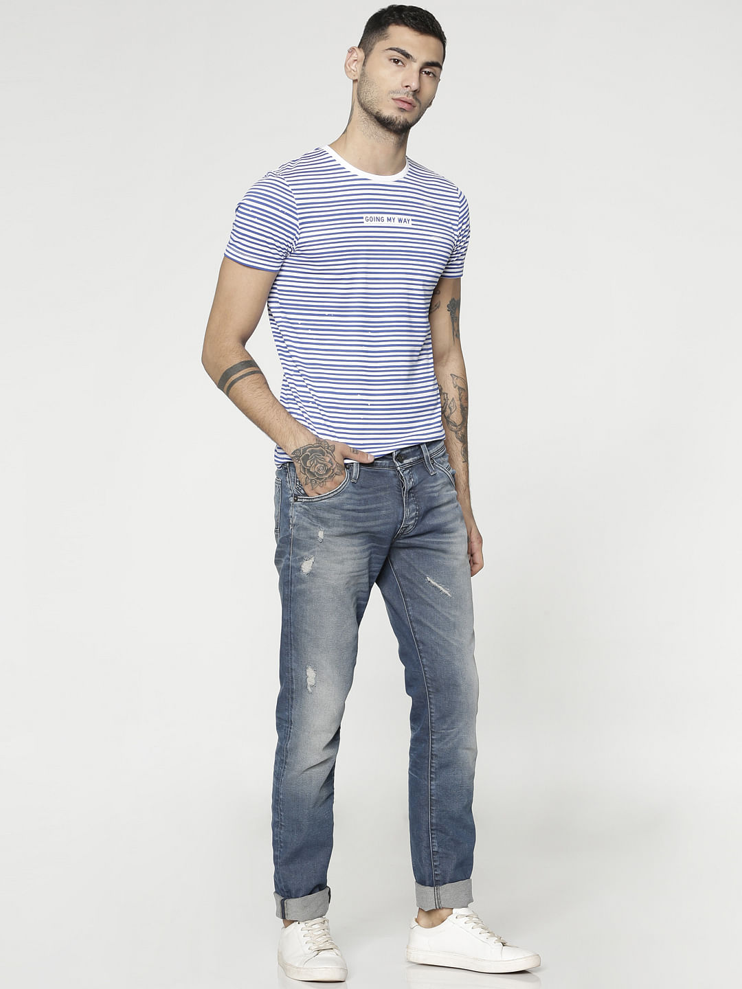 Blue Striped Slim Fit Crew Neck T-Shirt