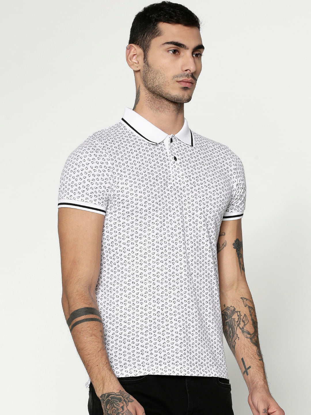 White All Over Printed Slim Fit Polo T-Shirt