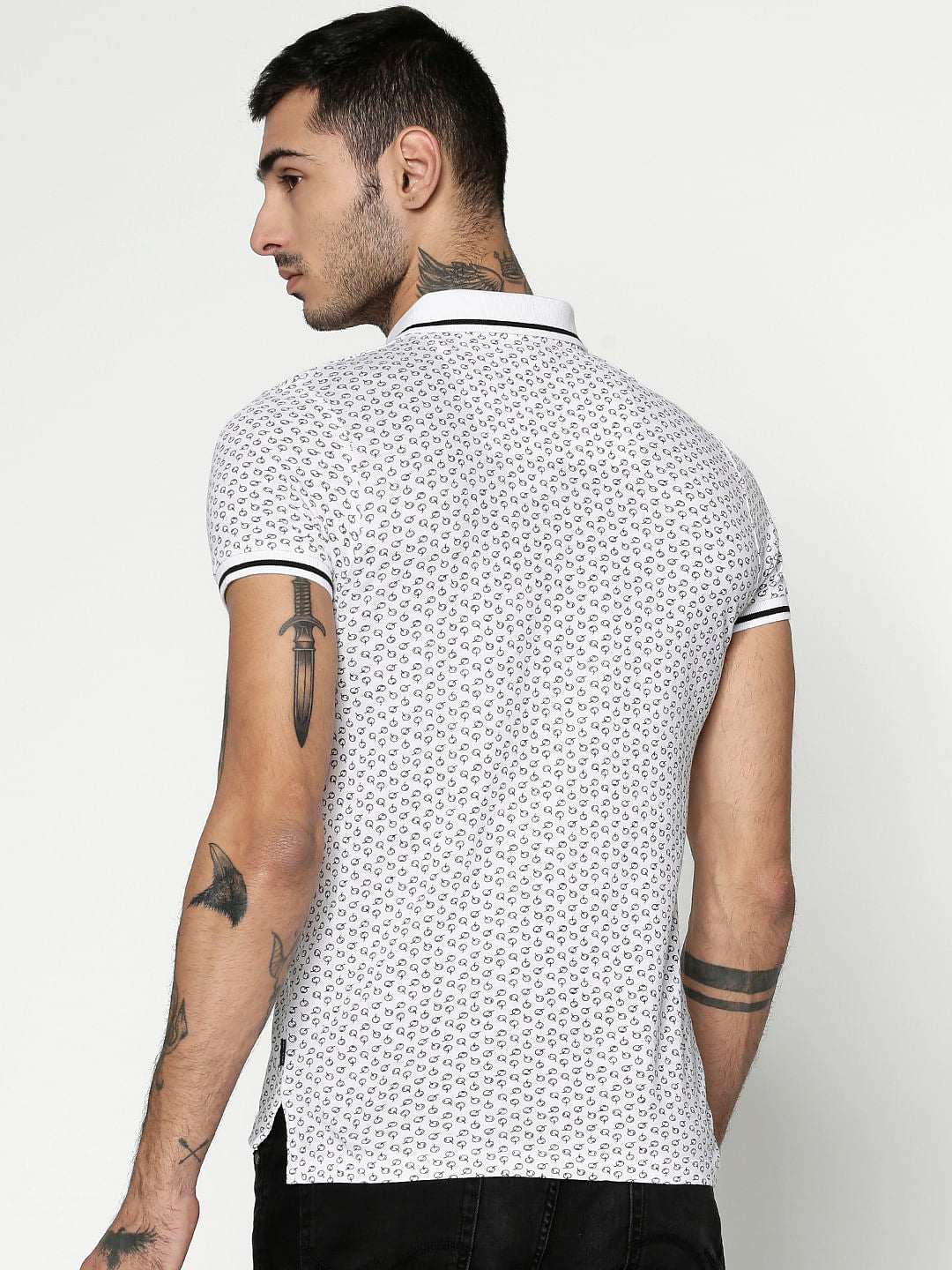 White All Over Printed Slim Fit Polo T-Shirt