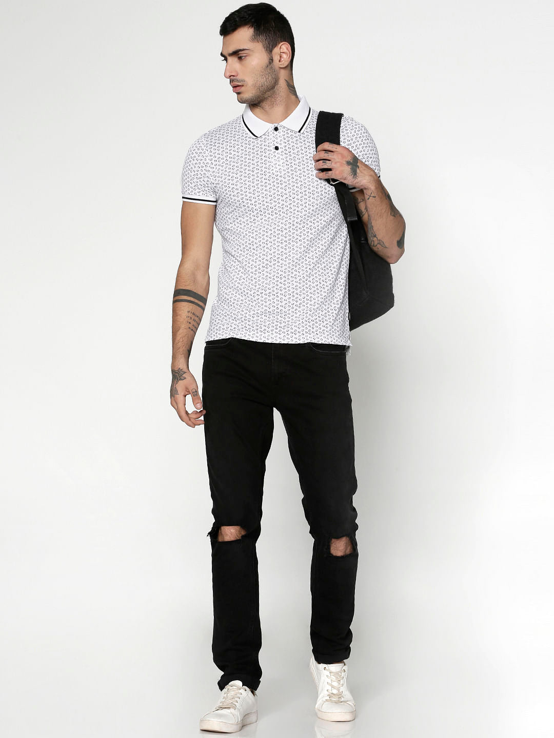 White All Over Printed Slim Fit Polo T-Shirt