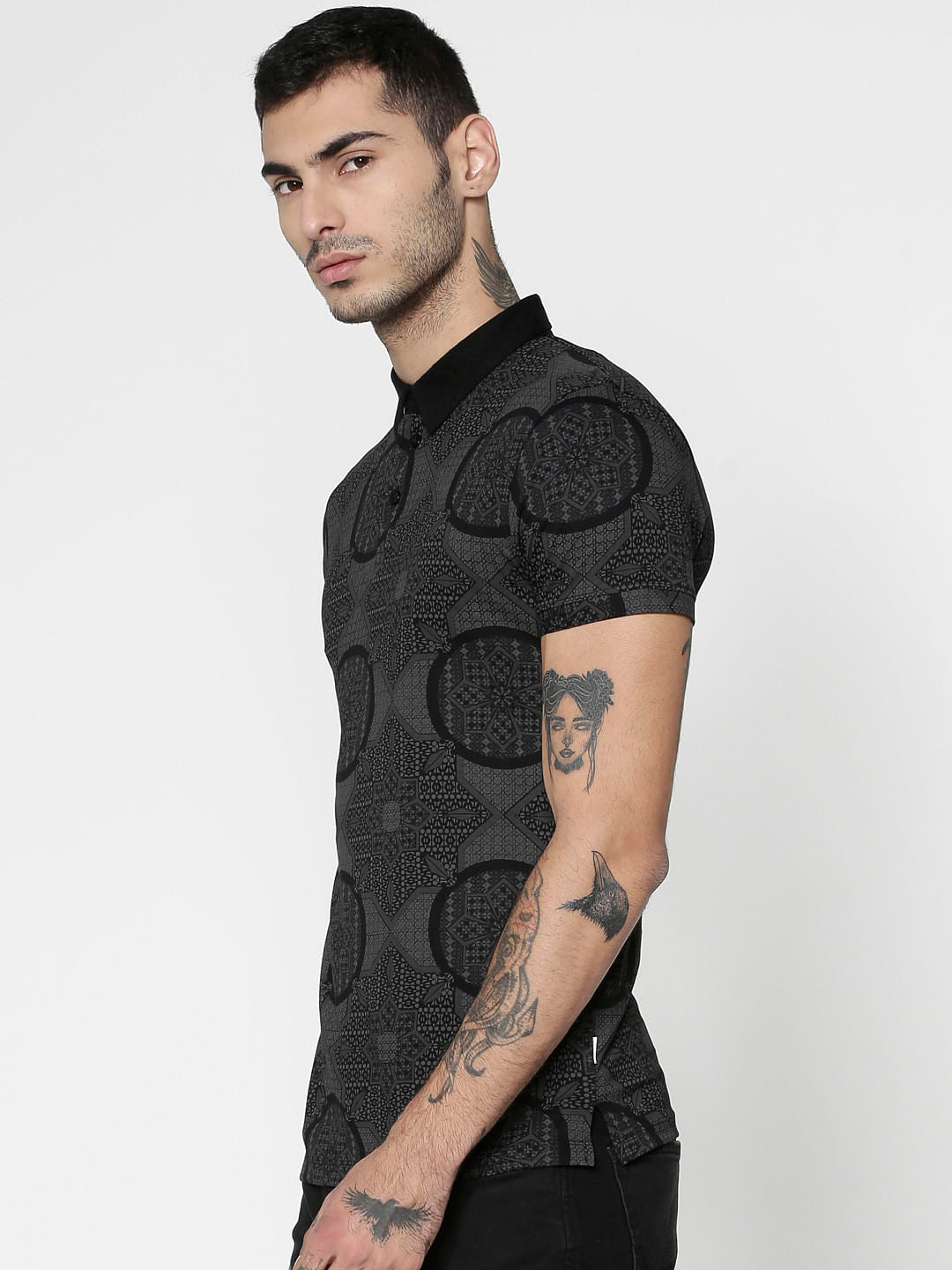 Black All Over Abstract Print Slim Fit Polo T-Shirt