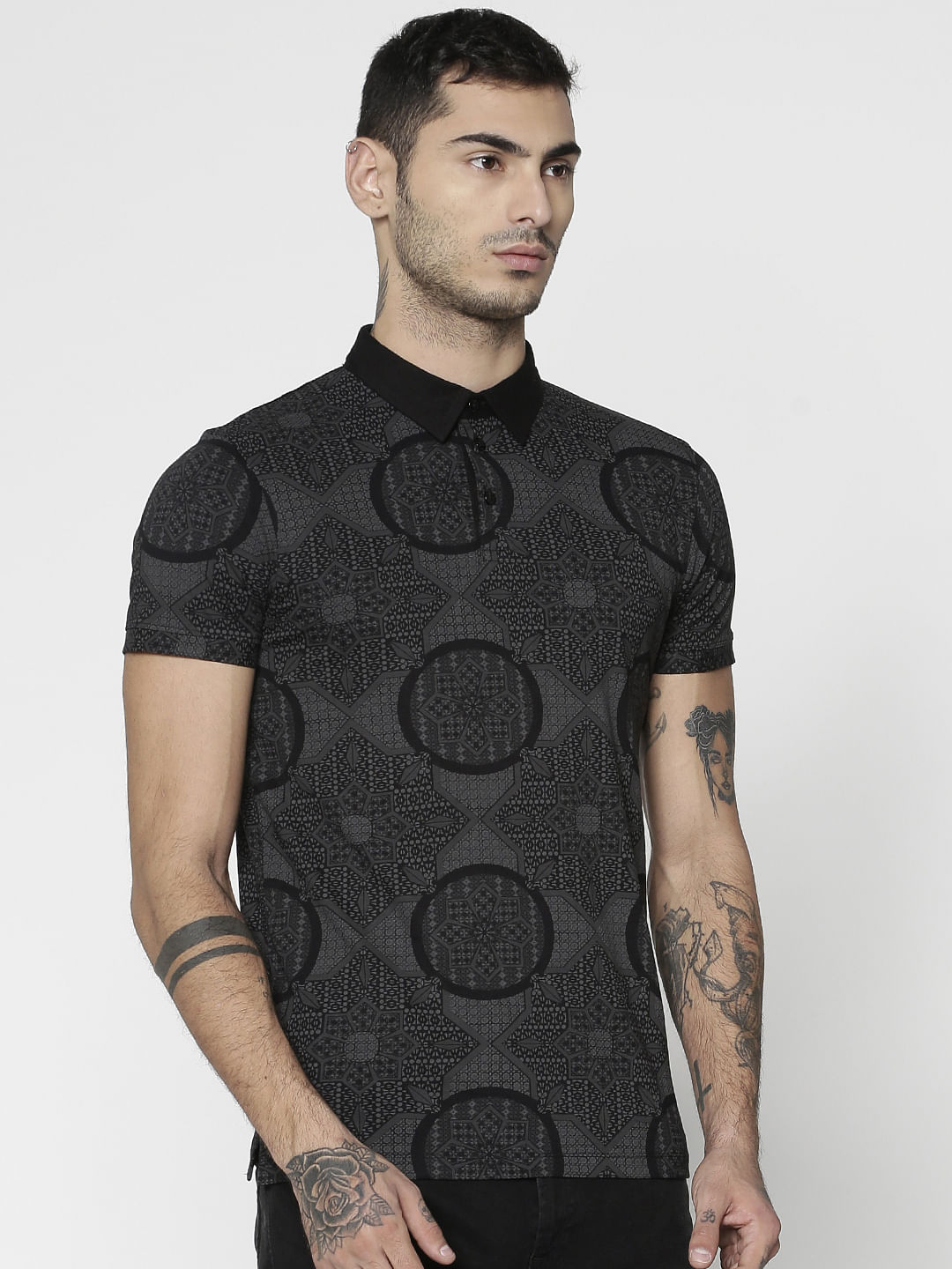 Black All Over Abstract Print Slim Fit Polo T-Shirt