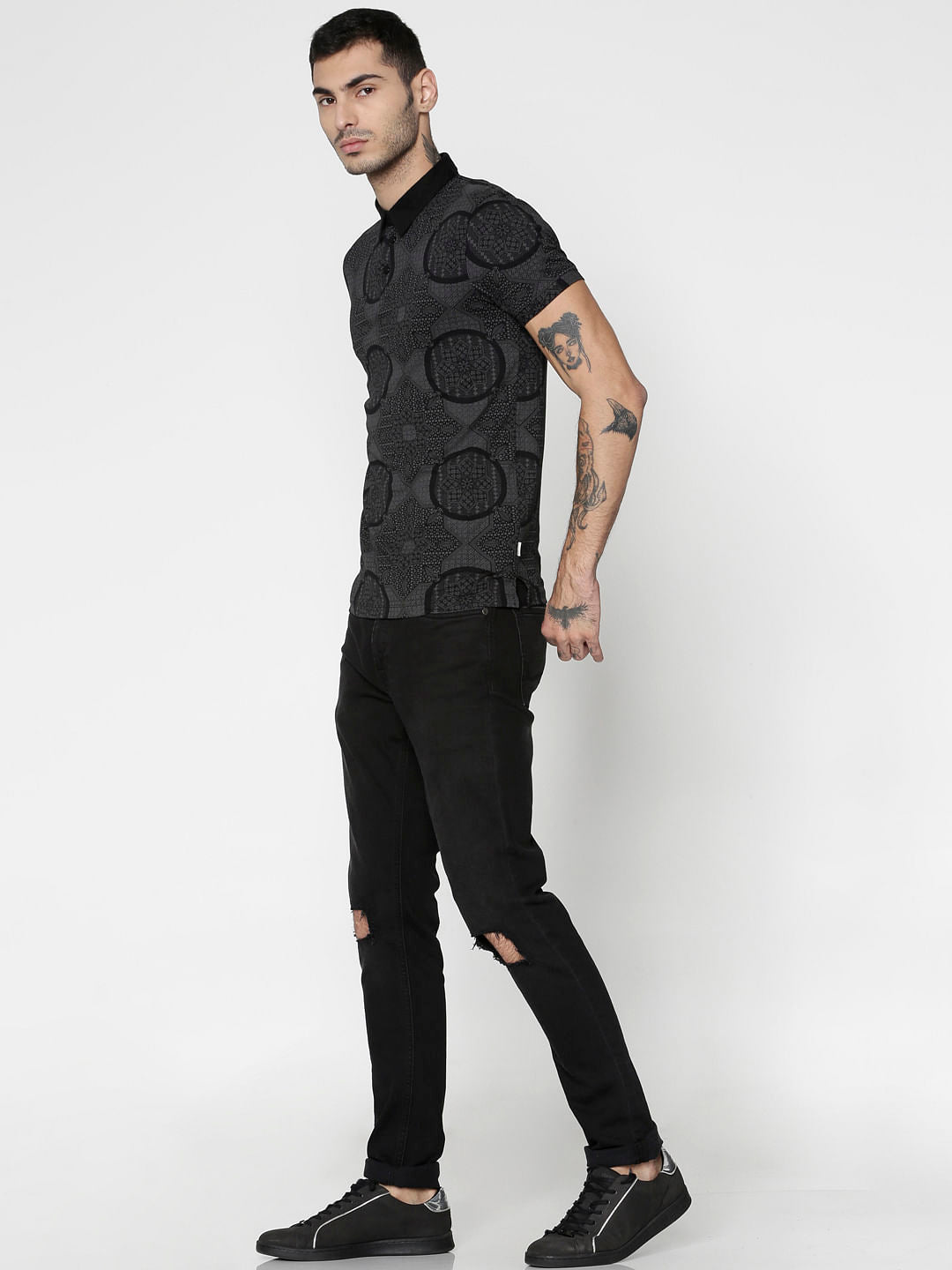 Black All Over Abstract Print Slim Fit Polo T-Shirt