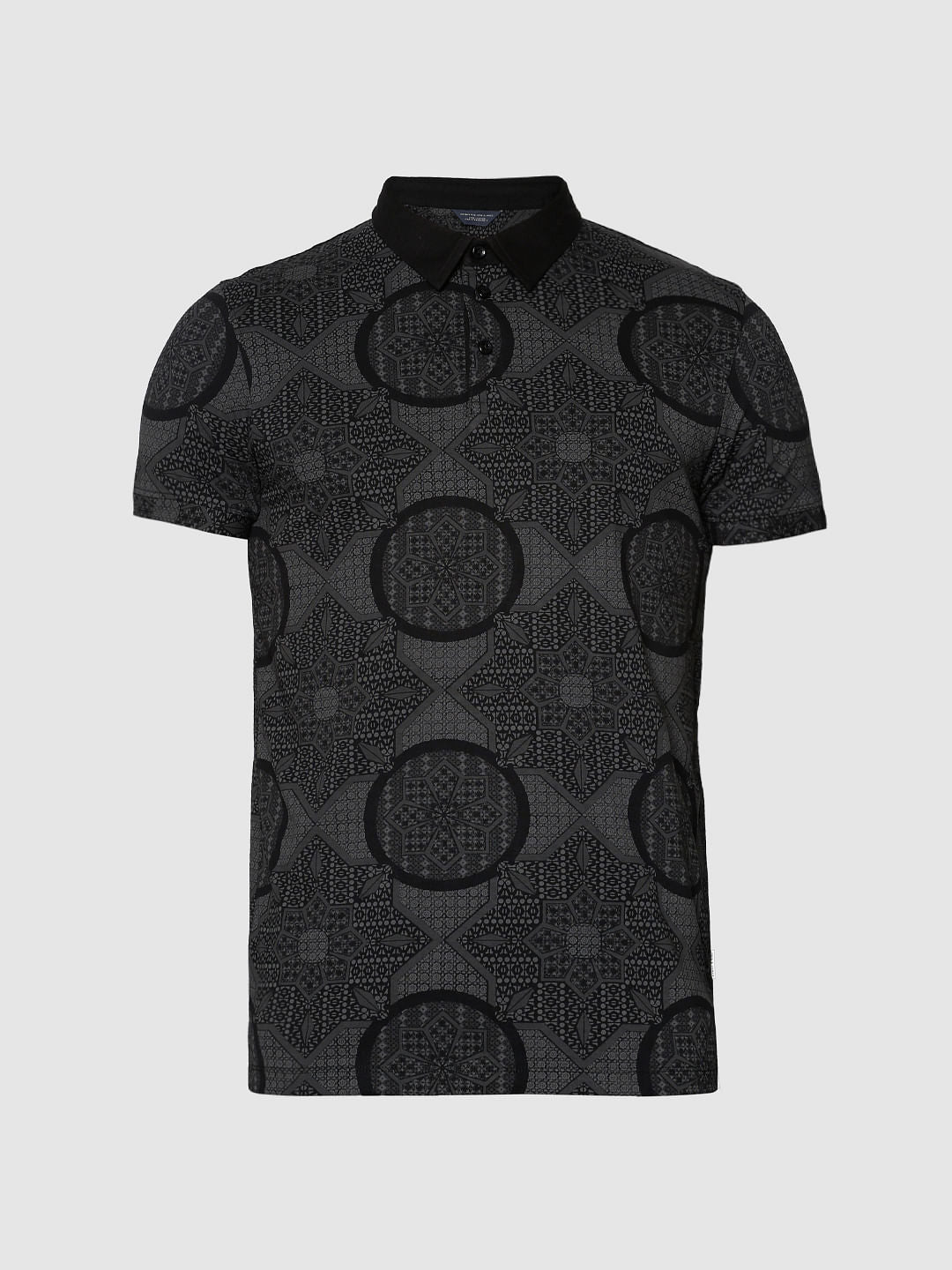 Black All Over Abstract Print Slim Fit Polo T-Shirt
