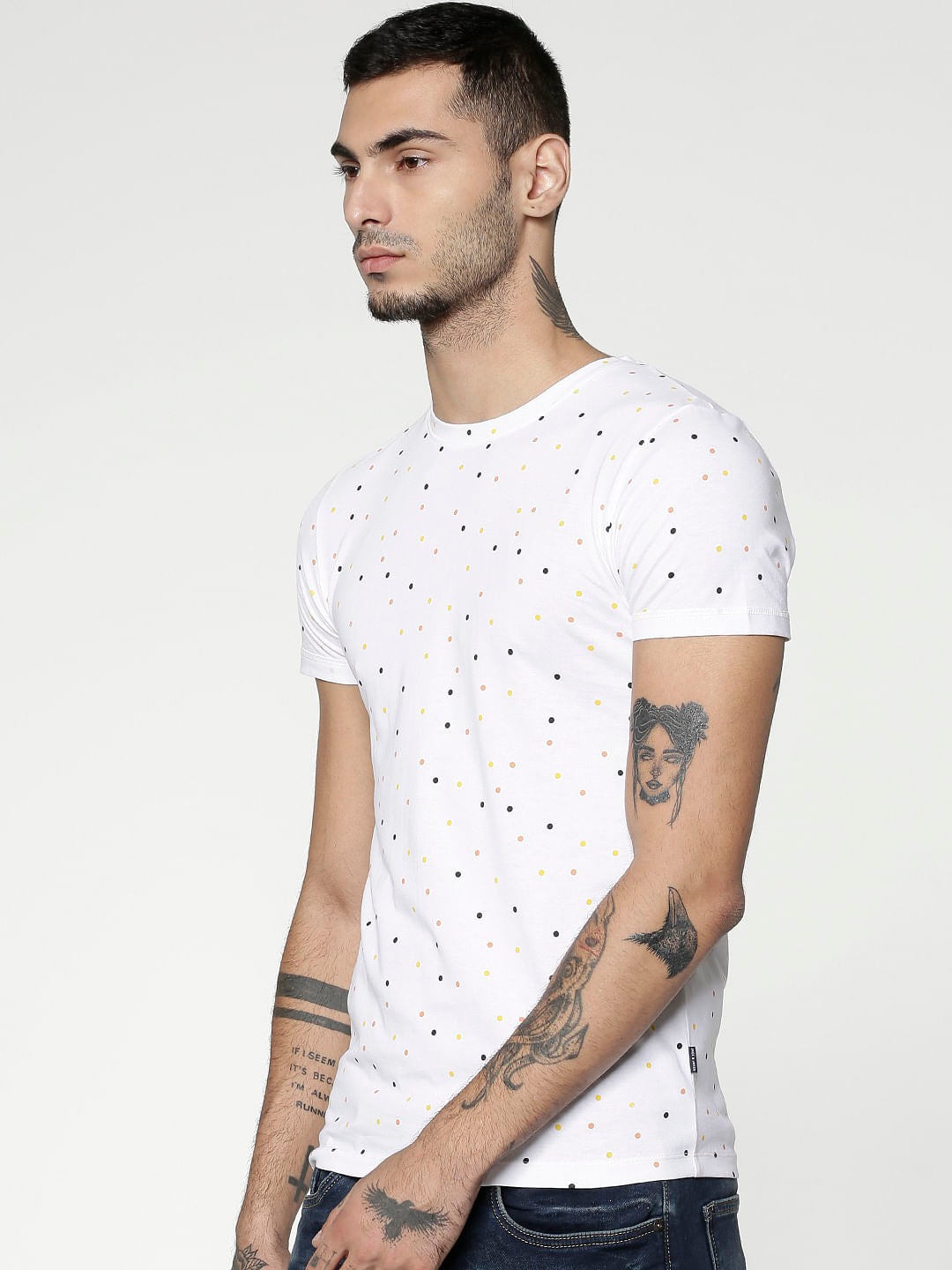 White All Over Polka Dot Print Slim Fit Crew Neck T-Shirt - S