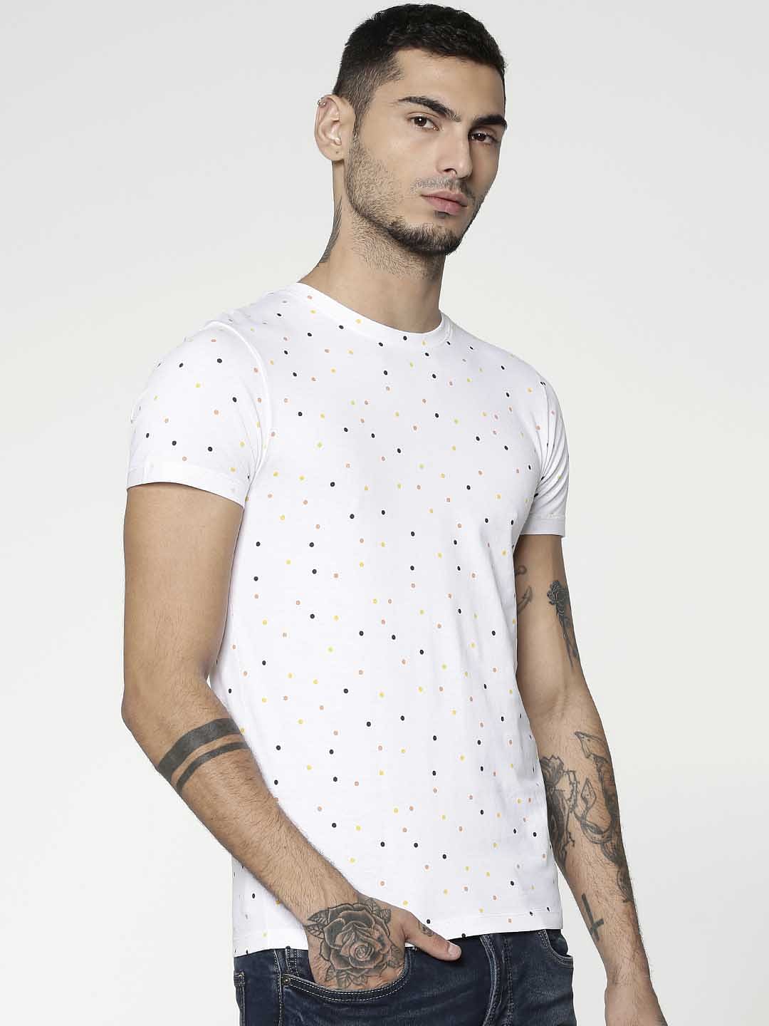 White All Over Polka Dot Print Slim Fit Crew Neck T-Shirt