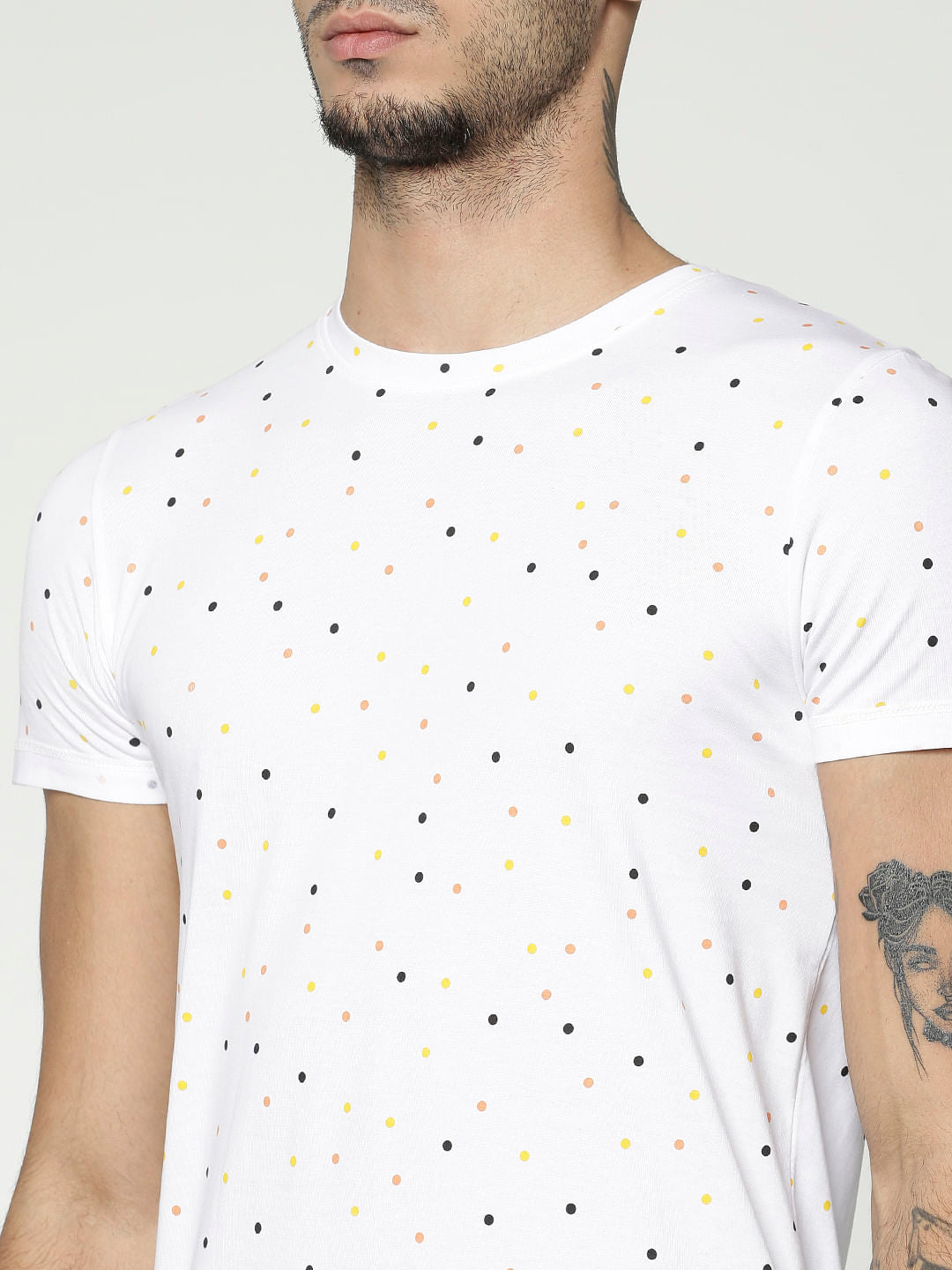 White All Over Polka Dot Print Slim Fit Crew Neck T-Shirt