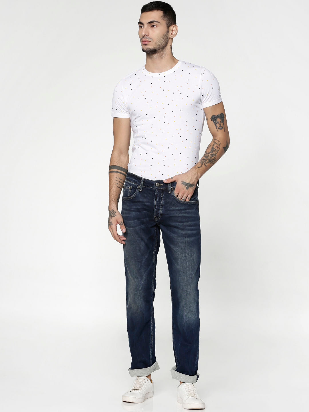 White All Over Polka Dot Print Slim Fit Crew Neck T-Shirt