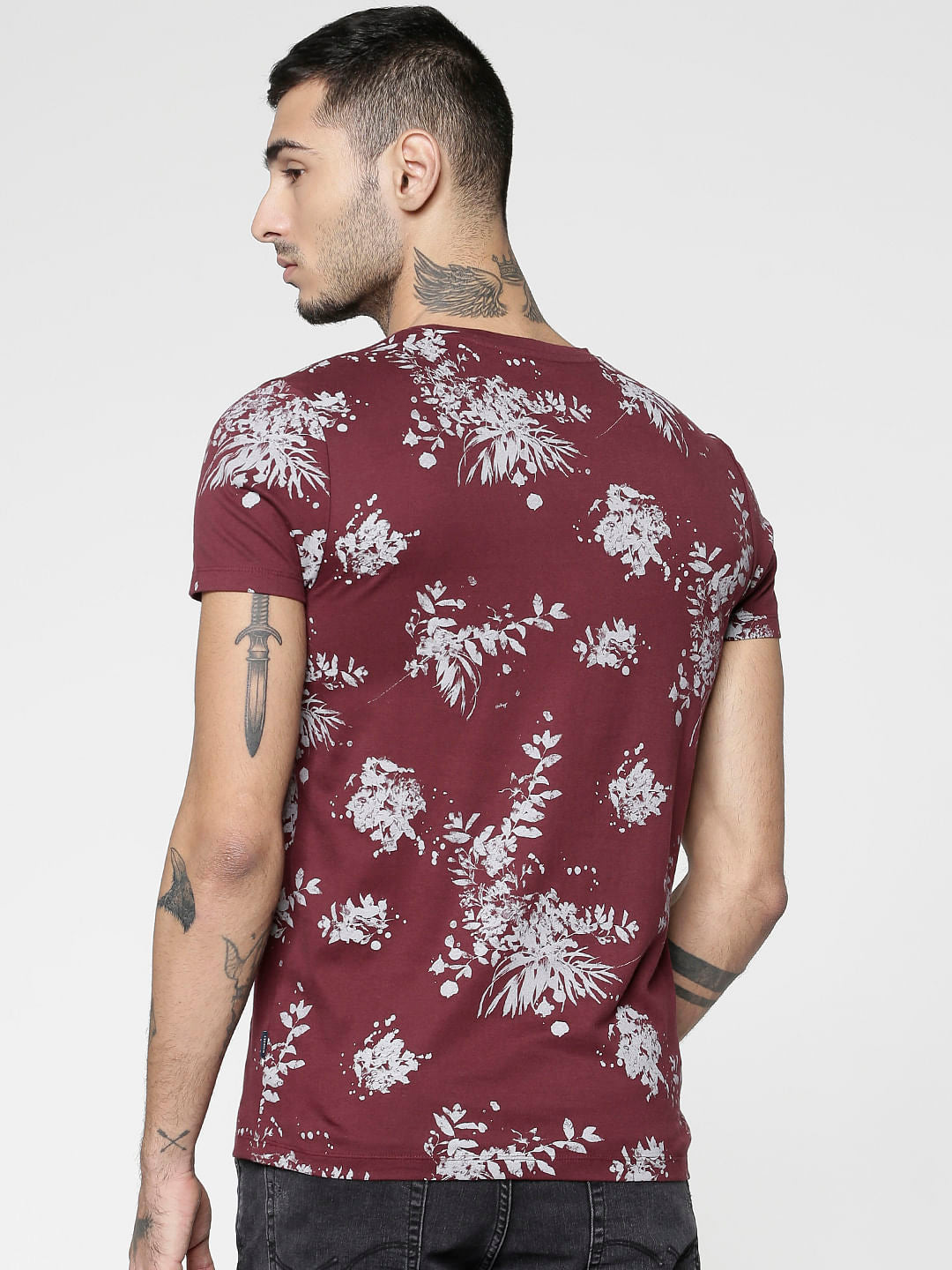 Red All Over Floral Print Slim Fit Crew Neck T-Shirt